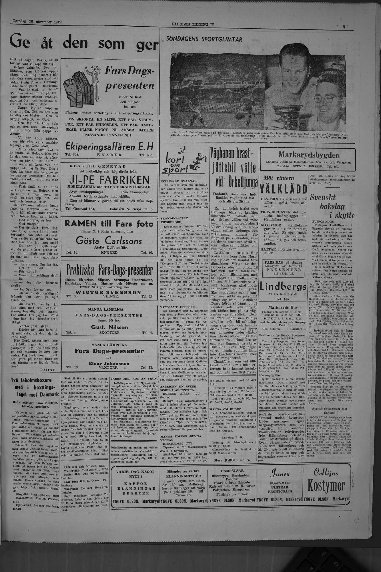 Laholms Tidning Torsdag 10 november 1949, sida 5