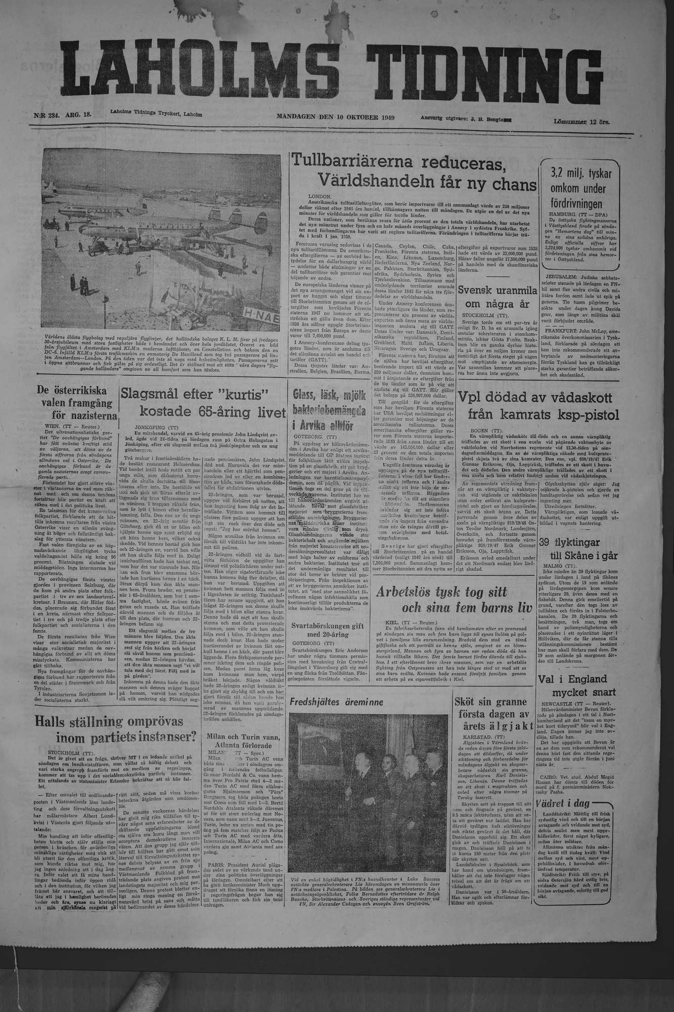 Laholms Tidning Måndag 10 oktober 1949, sida 1