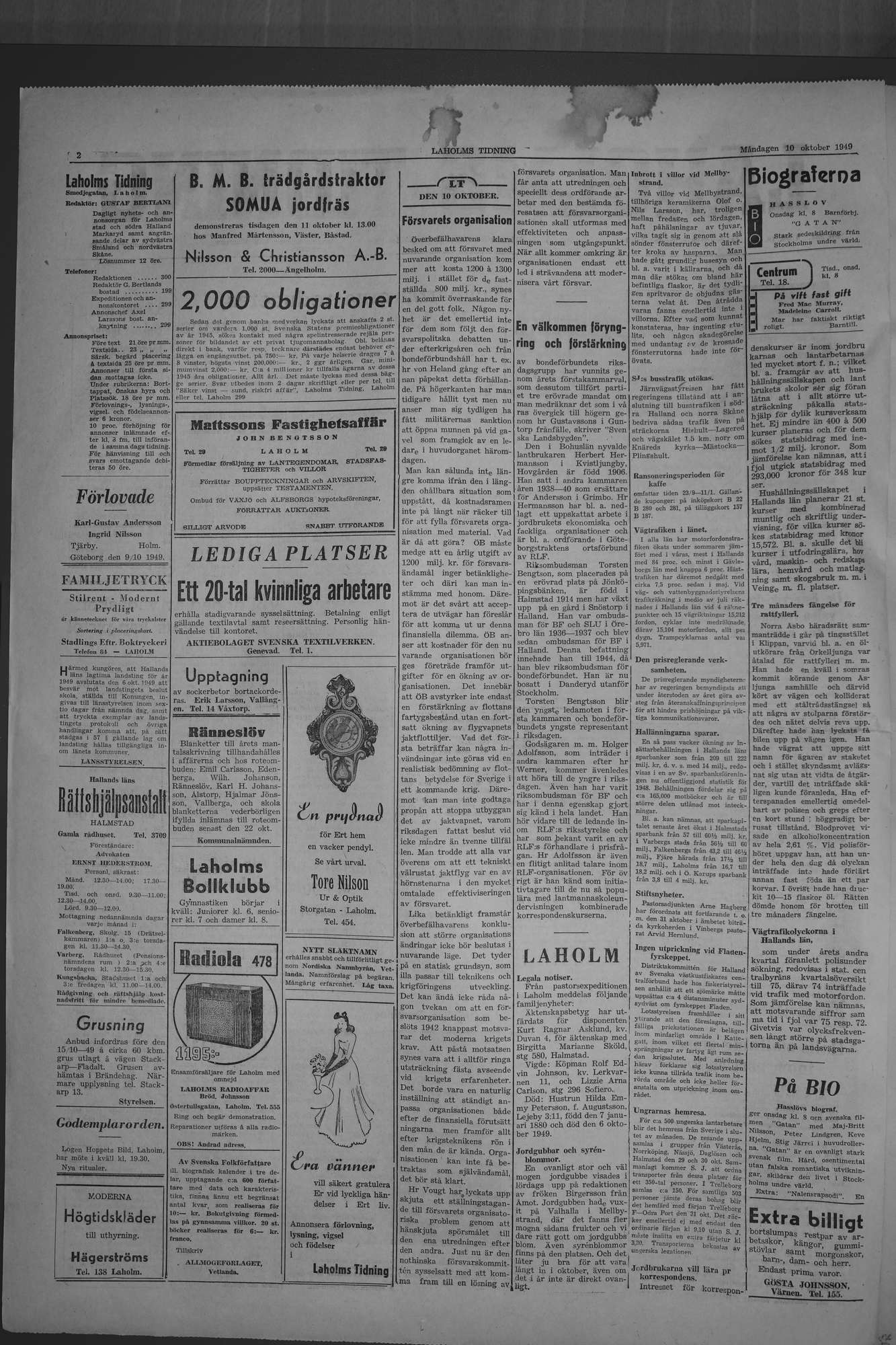 Laholms Tidning Måndag 10 oktober 1949, sida 2