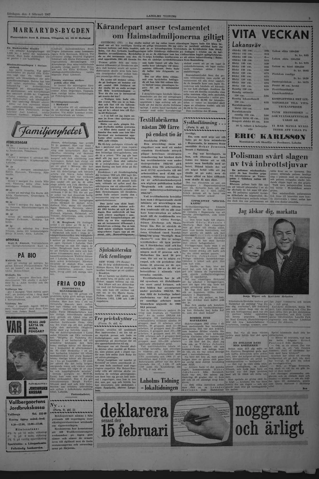 Laholms Tidning Lördag 4 februari 1967, sida 3
