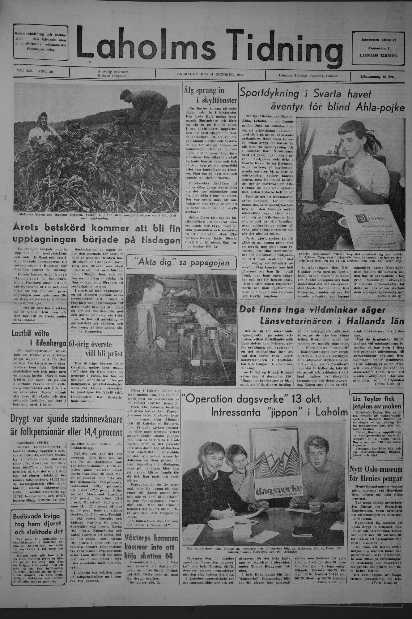 Laholms Tidning Onsdag 4 oktober 1967, sida 1