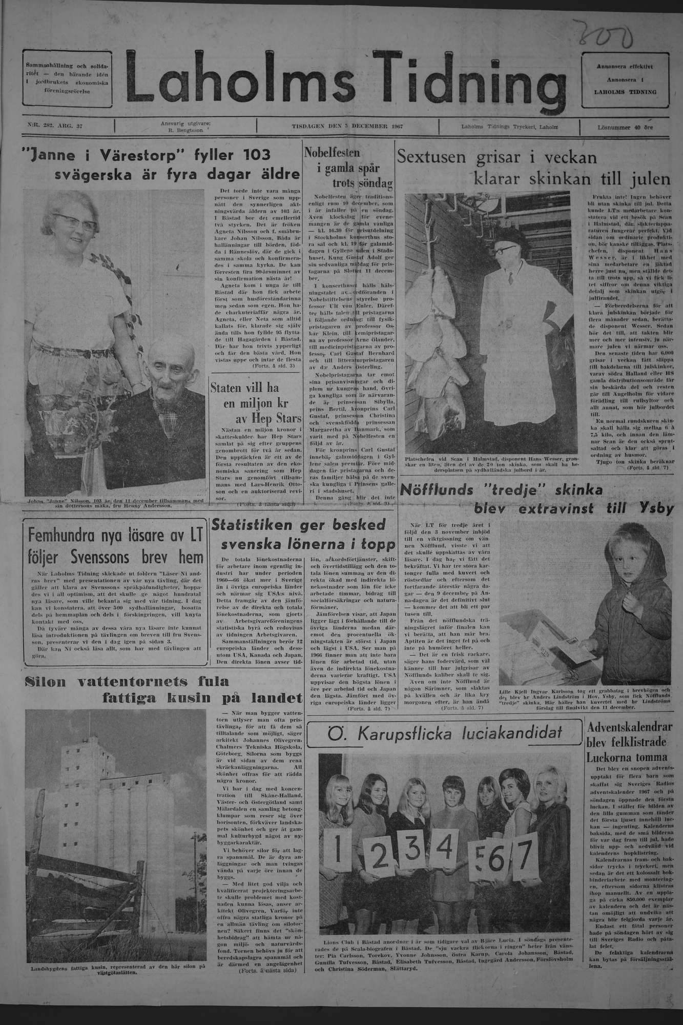 Laholms Tidning Tisdag 5 december 1967, sida 1