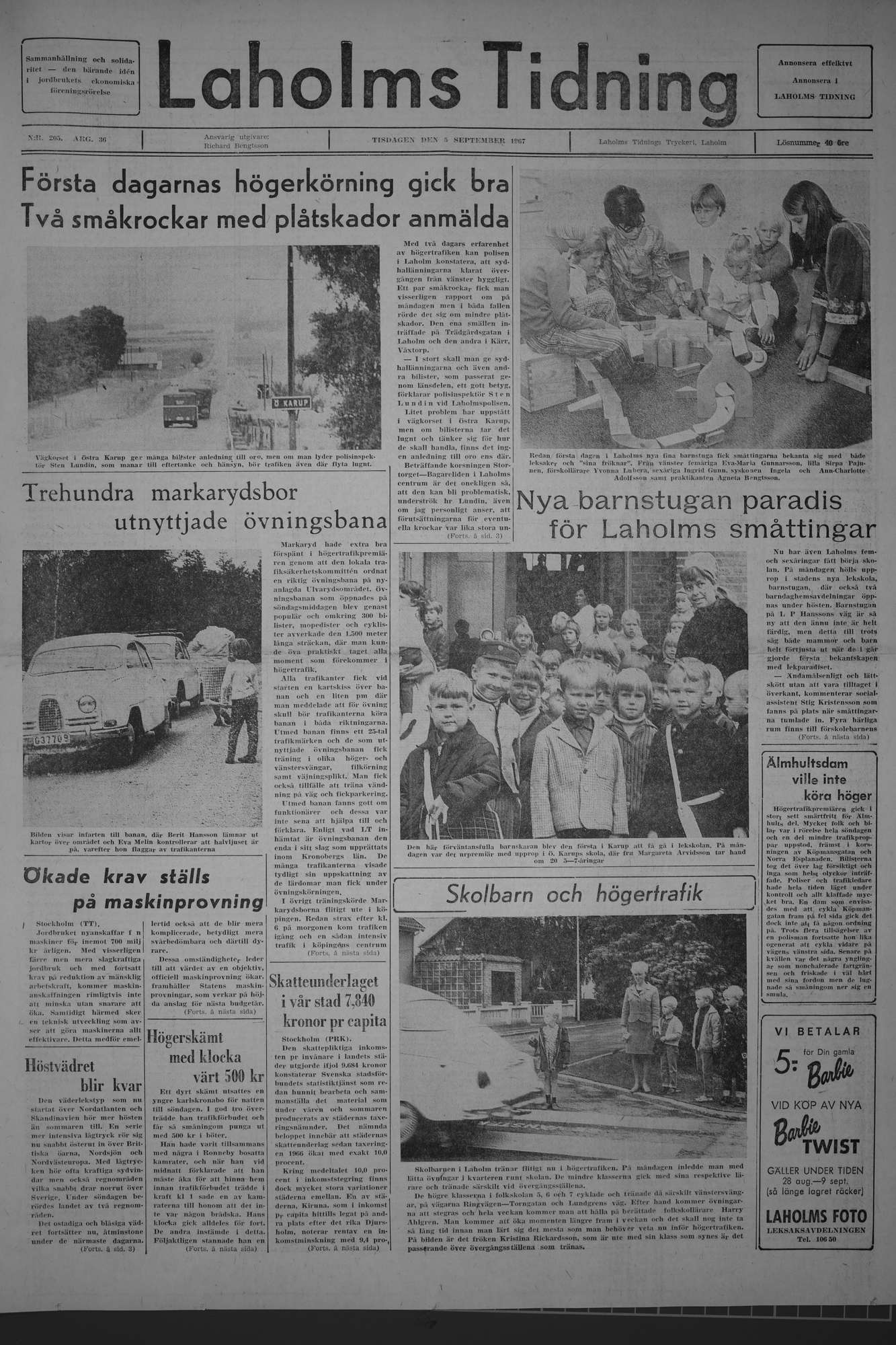 Laholms Tidning Tisdag 5 september 1967, sida 1