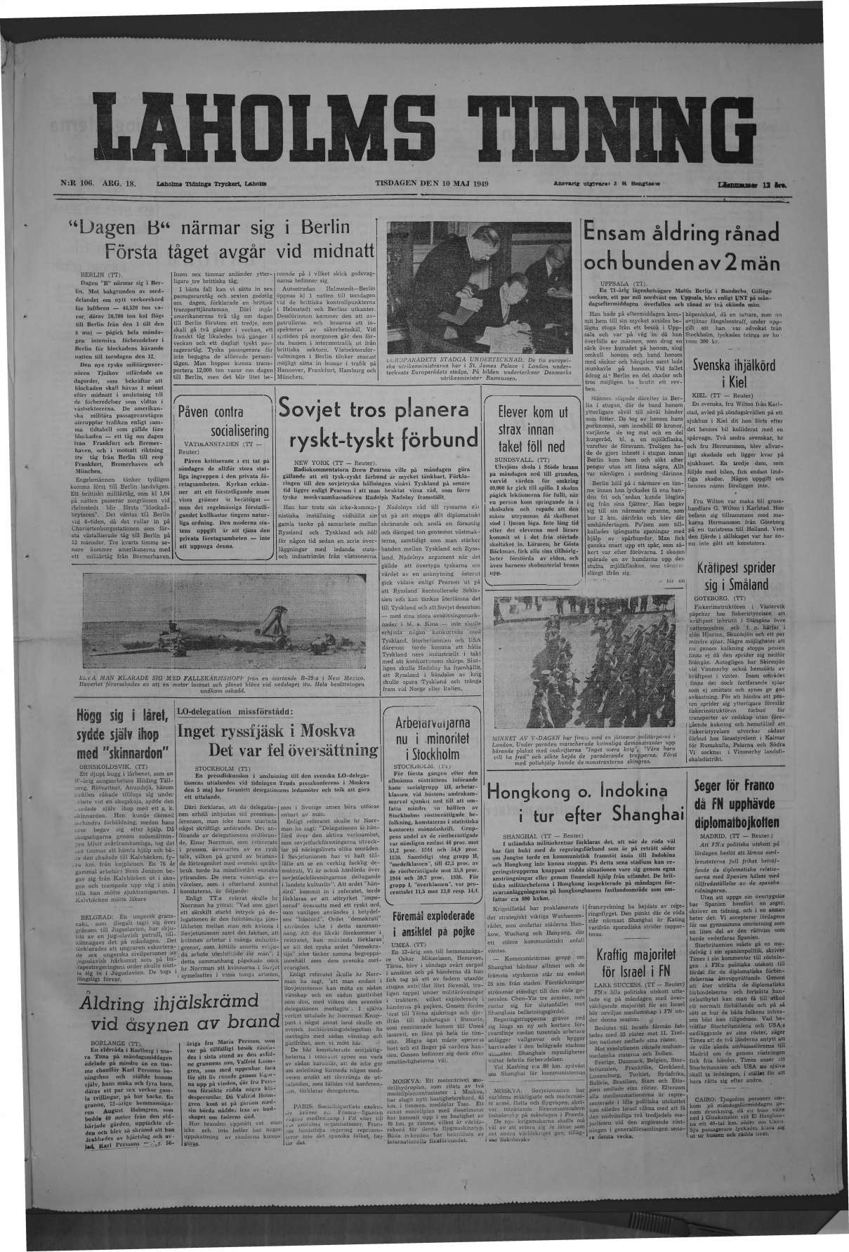 Laholms Tidning Tisdag 10 maj 1949, sida 1