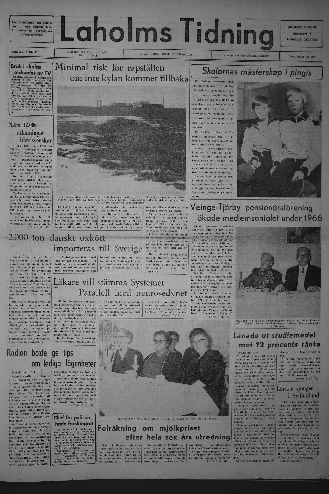 Laholms Tidning Måndag 6 februari 1967, sida 1