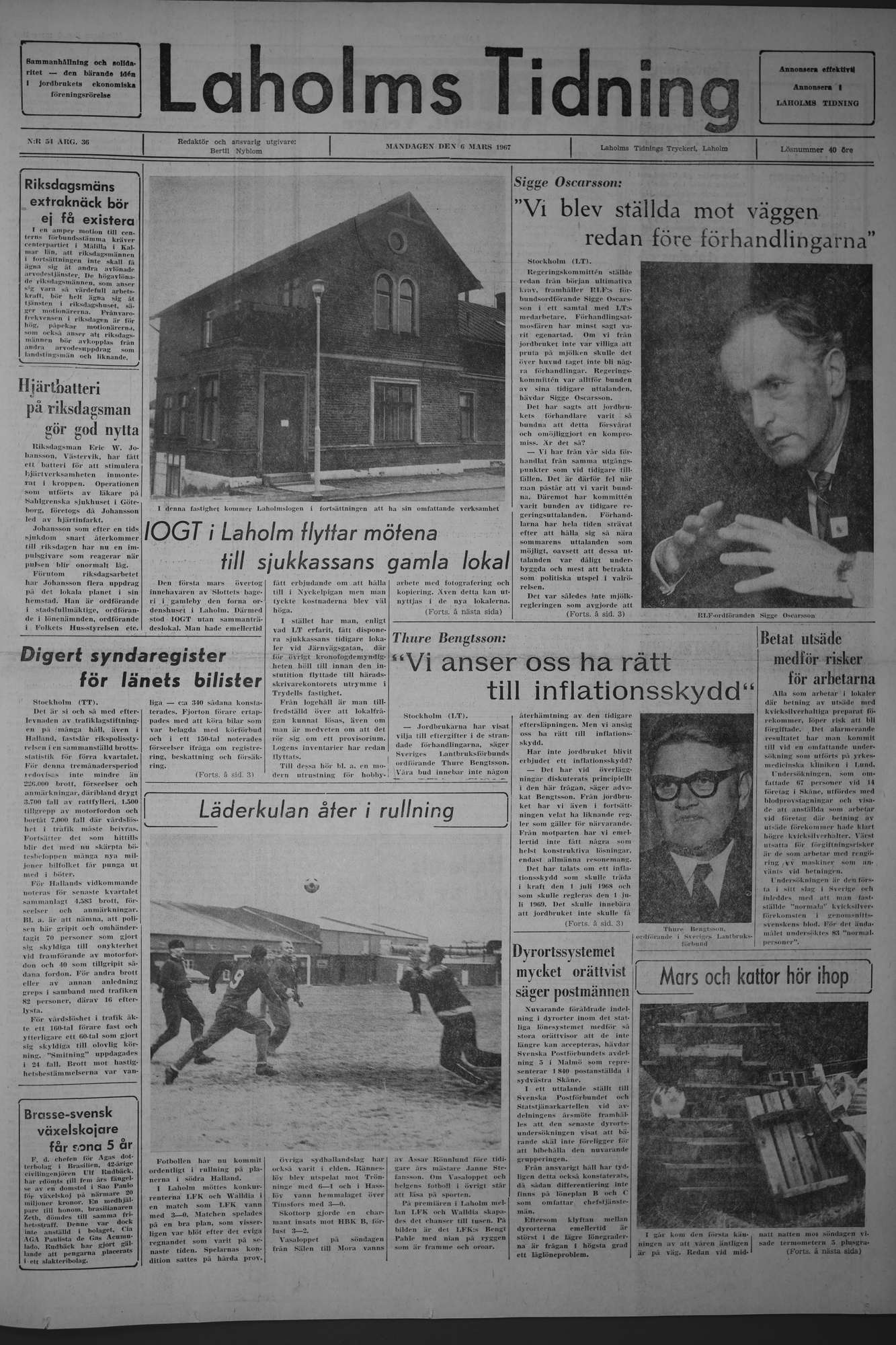 Laholms Tidning Måndag 6 mars 1967, sida 1