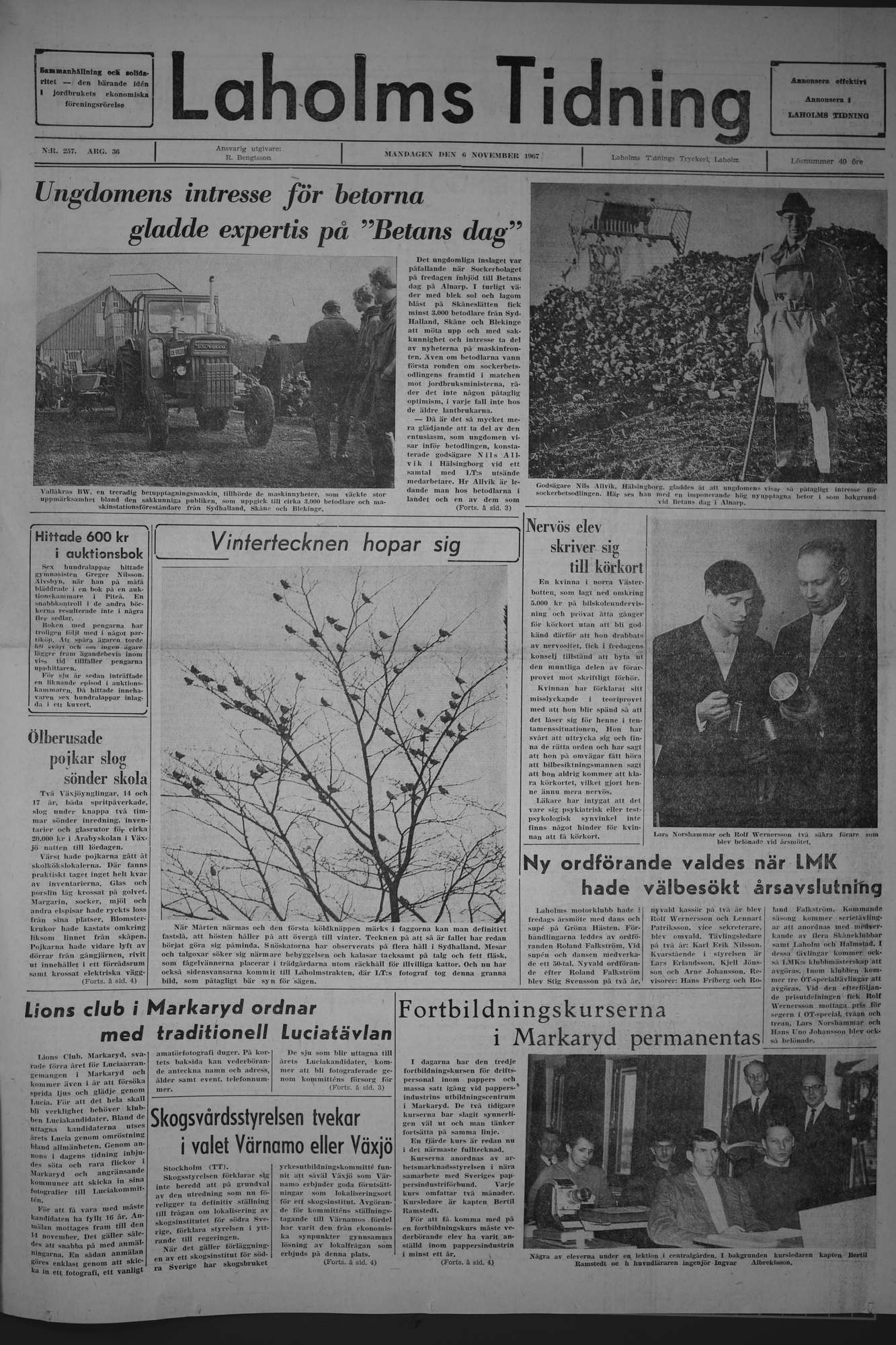 Laholms Tidning Måndag 6 november 1967, sida 1