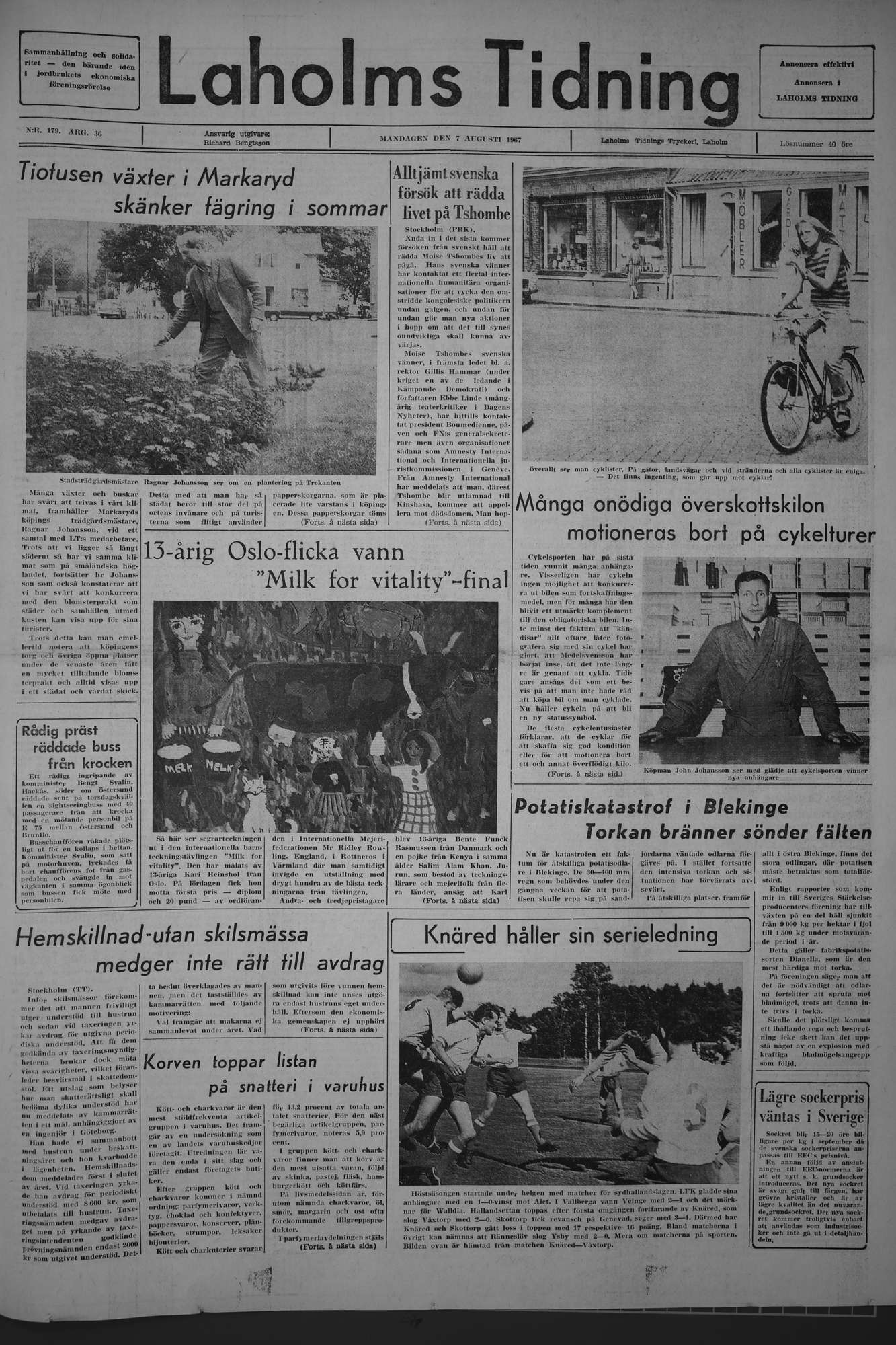 Laholms Tidning Måndag 7 augusti 1967, sida 1