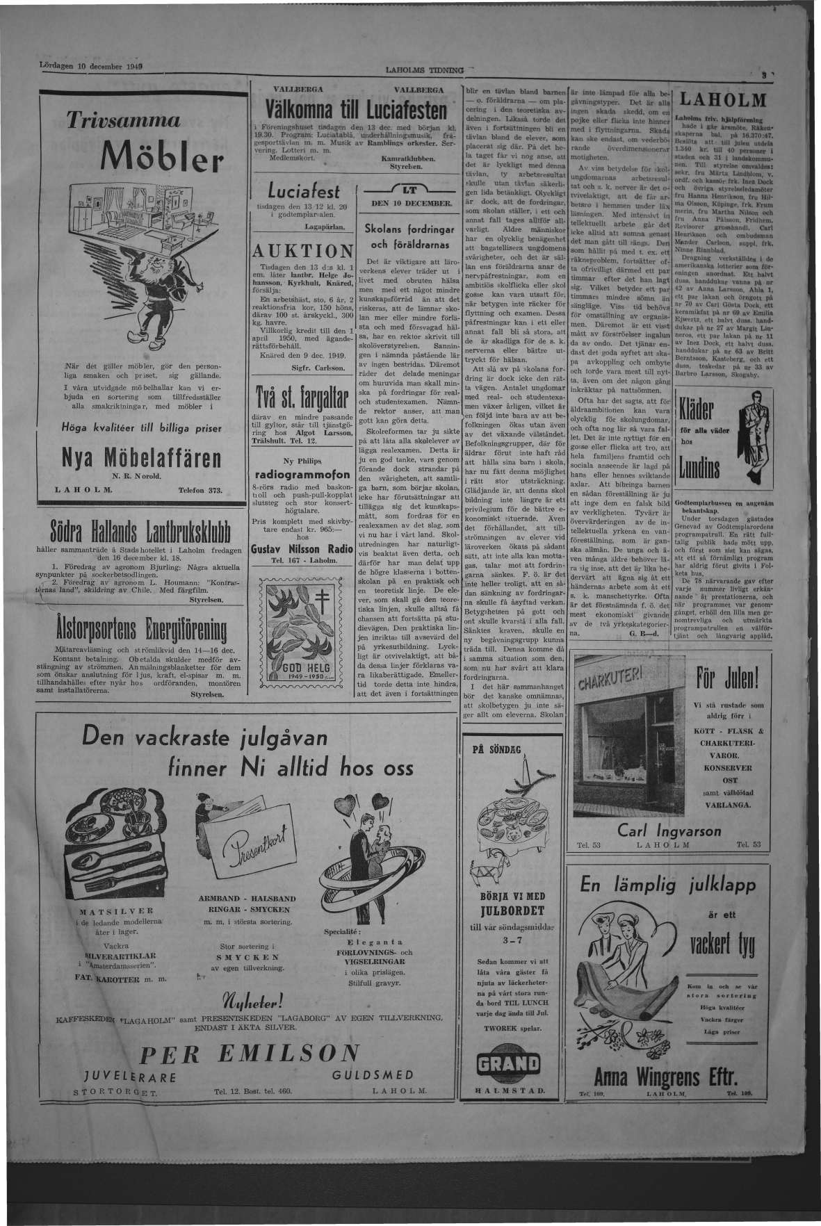 Laholms Tidning Lördag 10 december 1949, sida 3