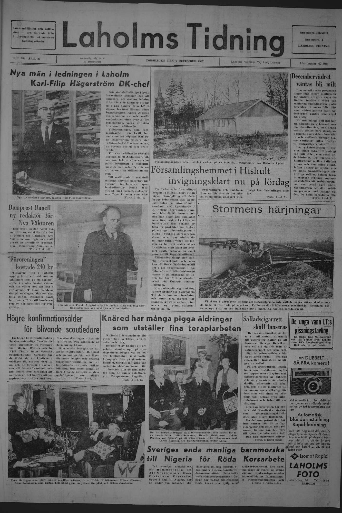 Laholms Tidning Torsdag 7 december 1967, sida 1