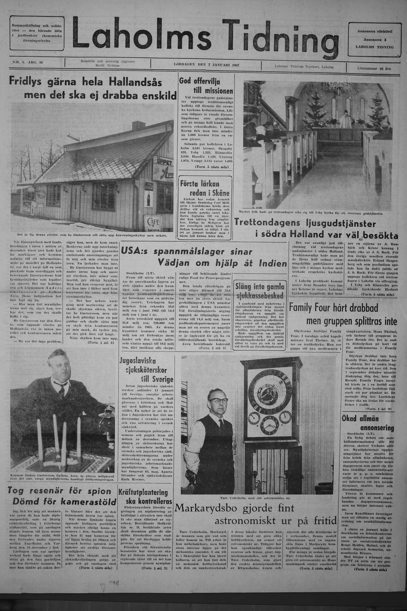 Laholms Tidning Lördag 7 januari 1967, sida 1