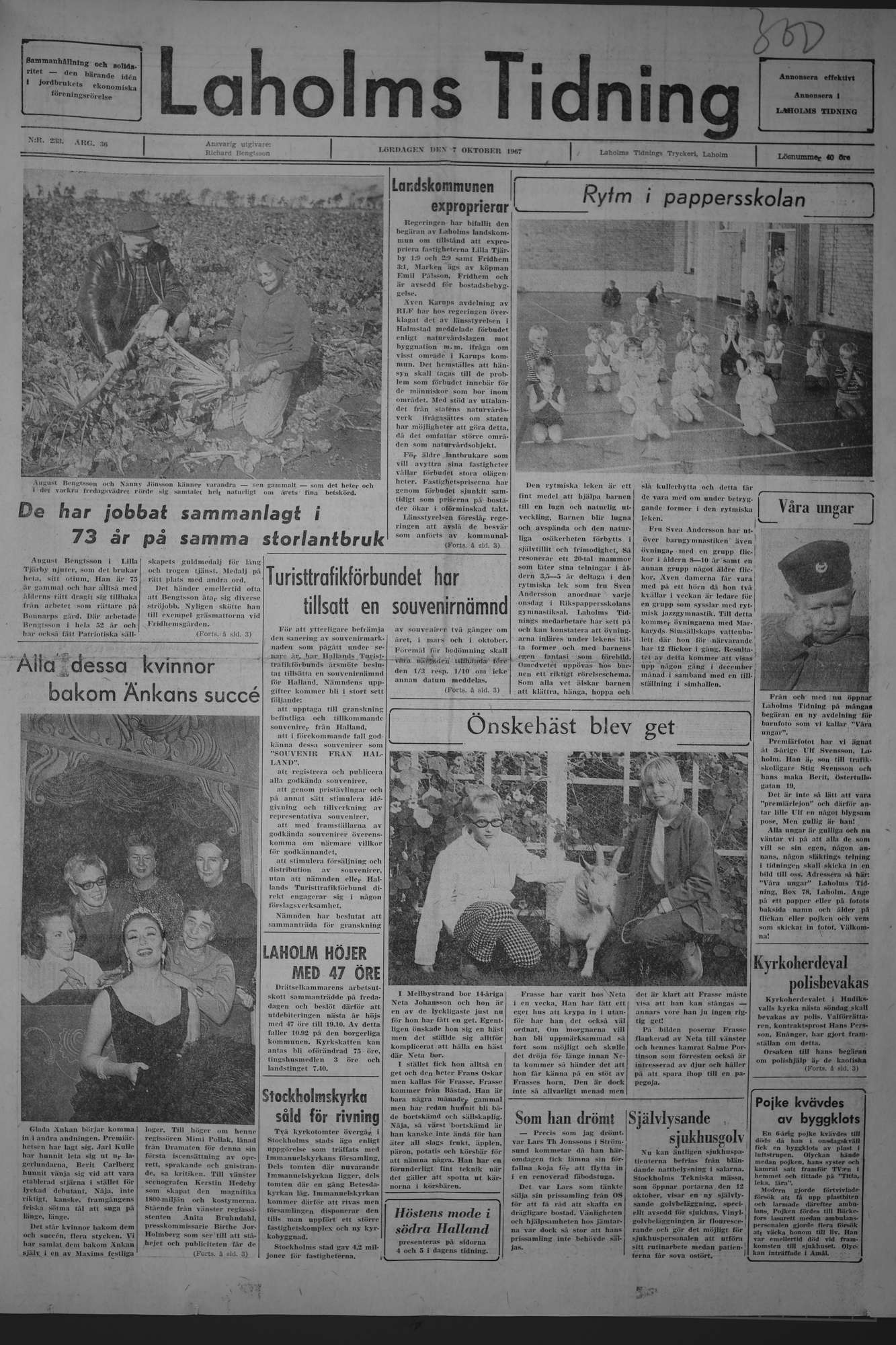Laholms Tidning Lördag 7 oktober 1967, sida 1
