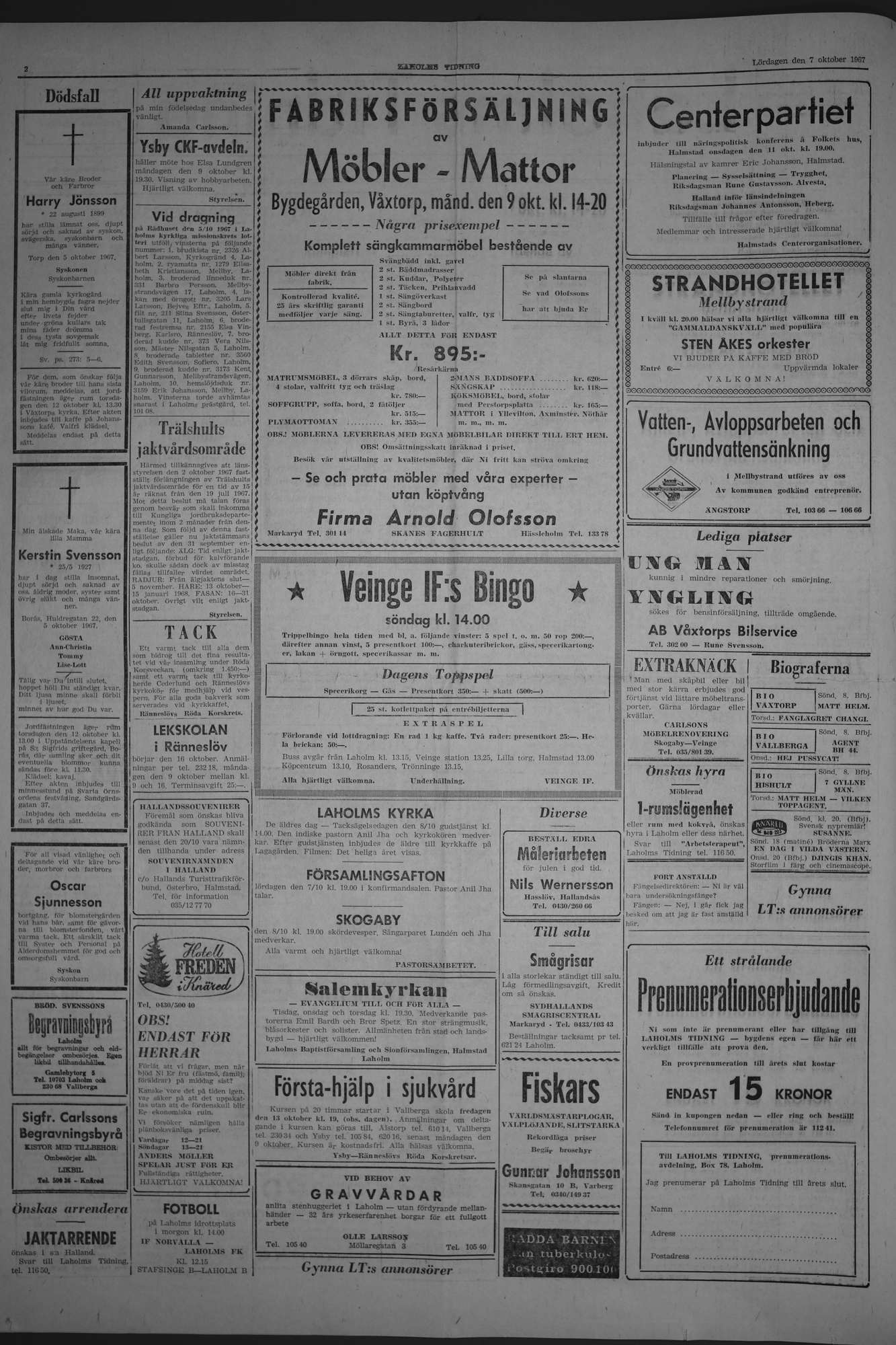 Laholms Tidning Lördag 7 oktober 1967, sida 2