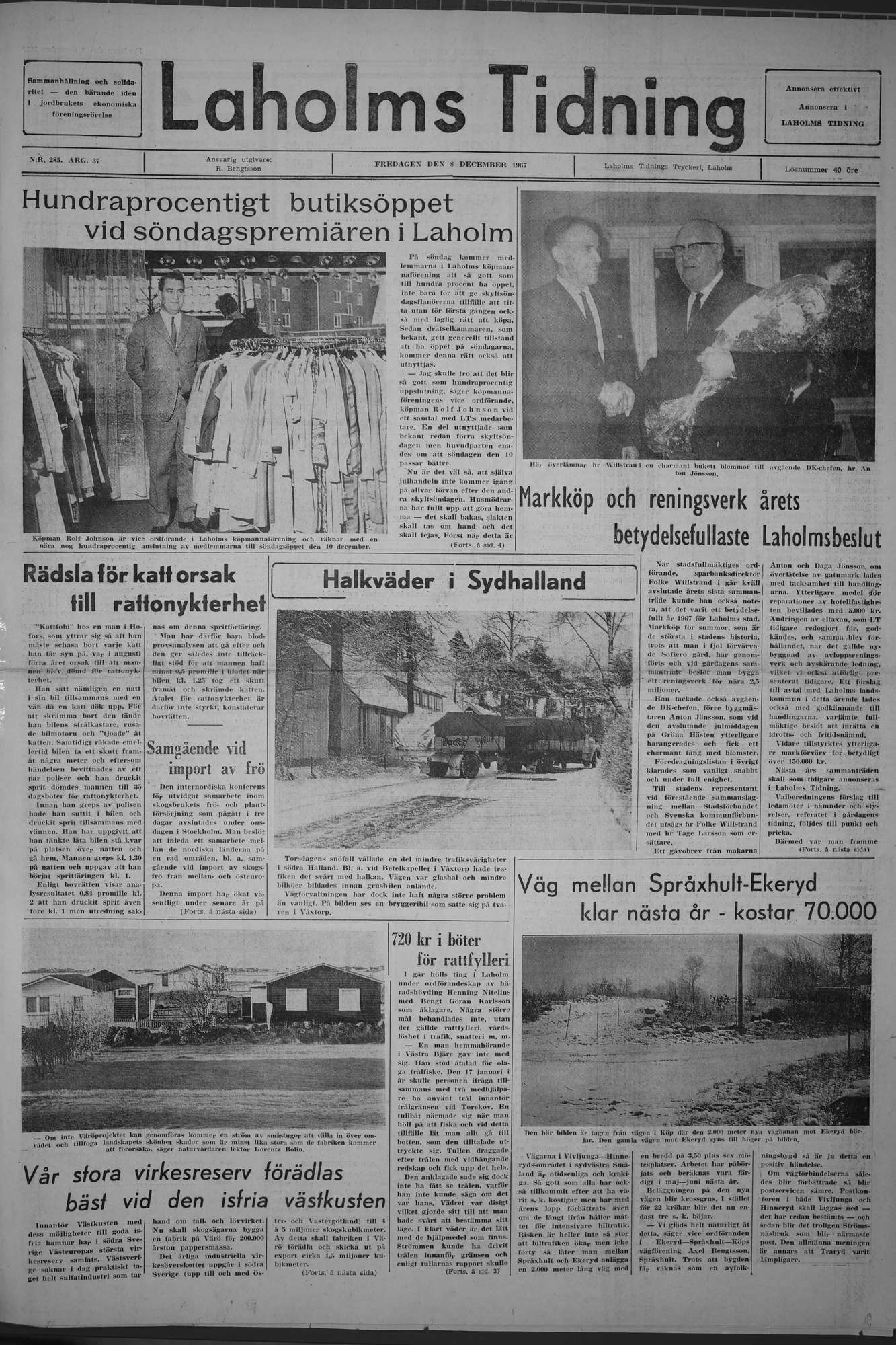 Laholms Tidning Fredag 8 december 1967, sida 1