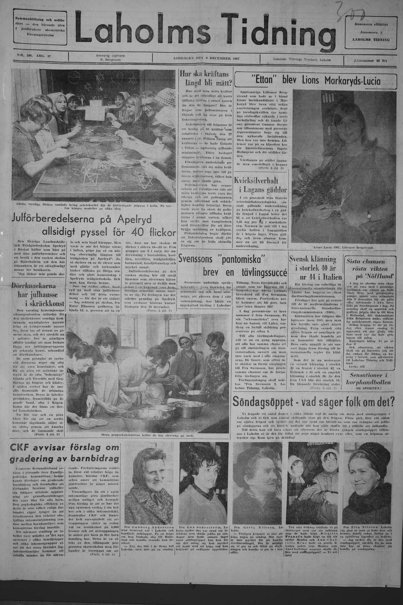 Laholms Tidning Lördag 9 december 1967, sida 1