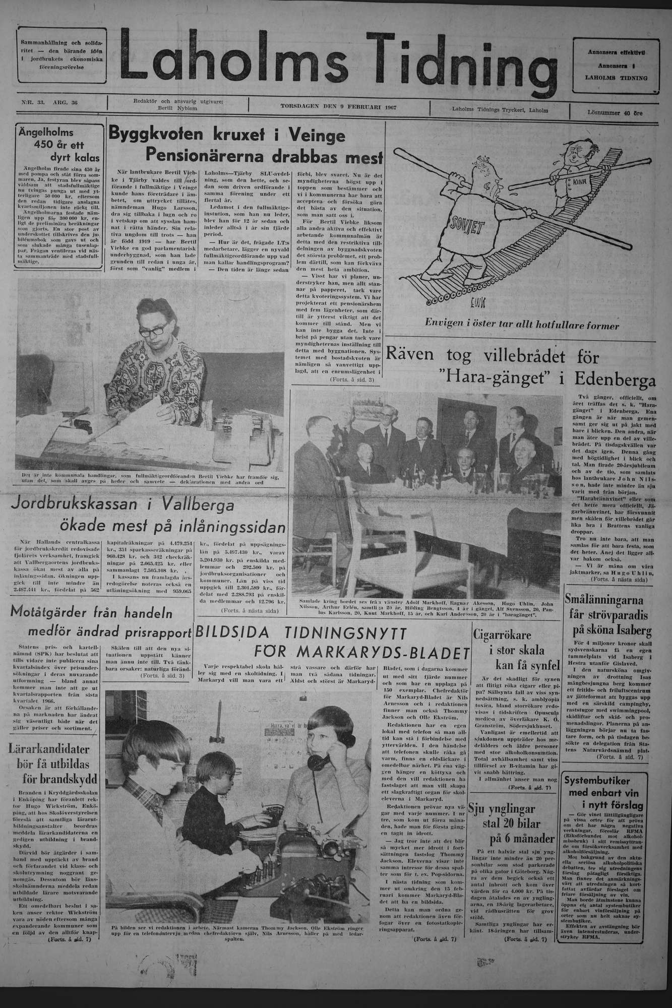 Laholms Tidning Torsdag 9 februari 1967, sida 1
