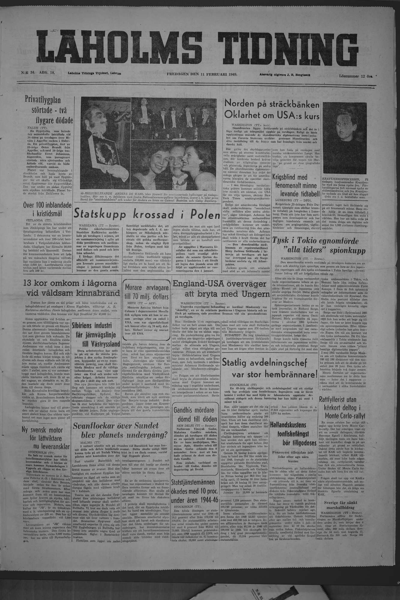 Laholms Tidning Fredag 11 februari 1949, sida 1