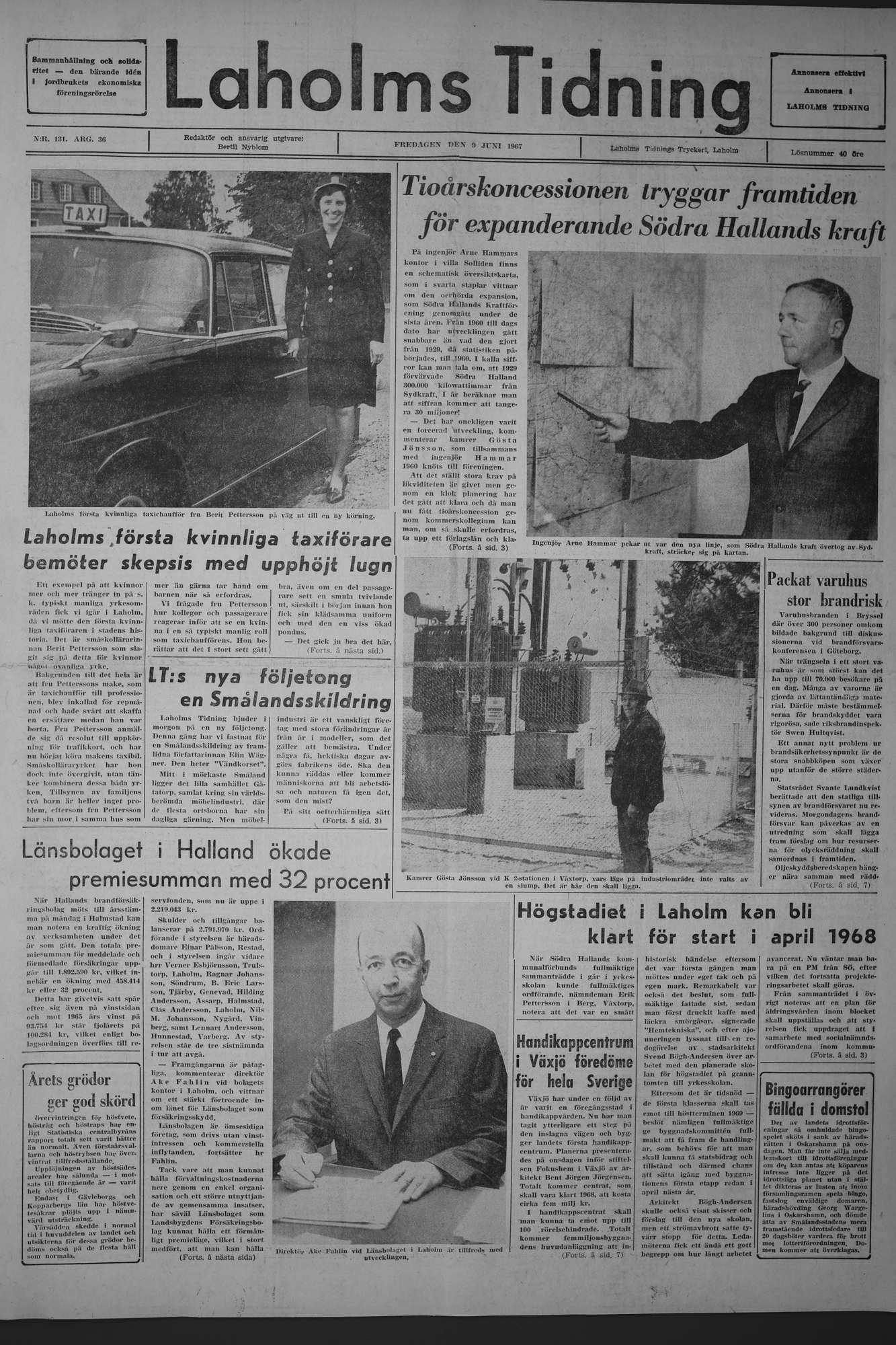 Laholms Tidning Fredag 9 juni 1967, sida 1