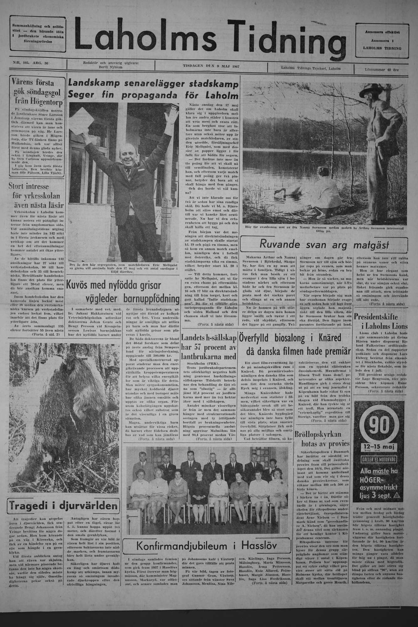 Laholms Tidning Tisdag 9 maj 1967, sida 1