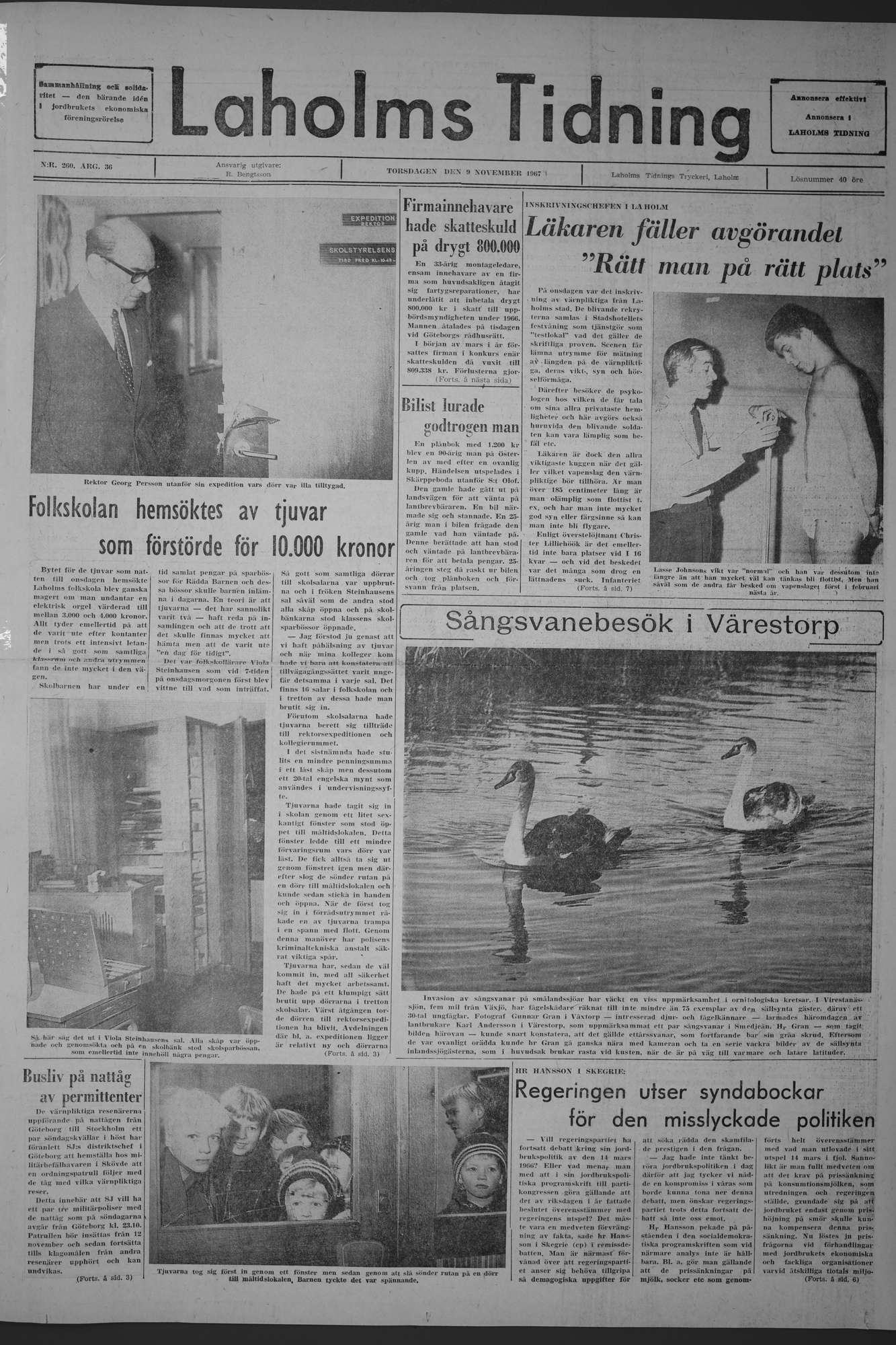 Laholms Tidning Torsdag 9 november 1967, sida 1