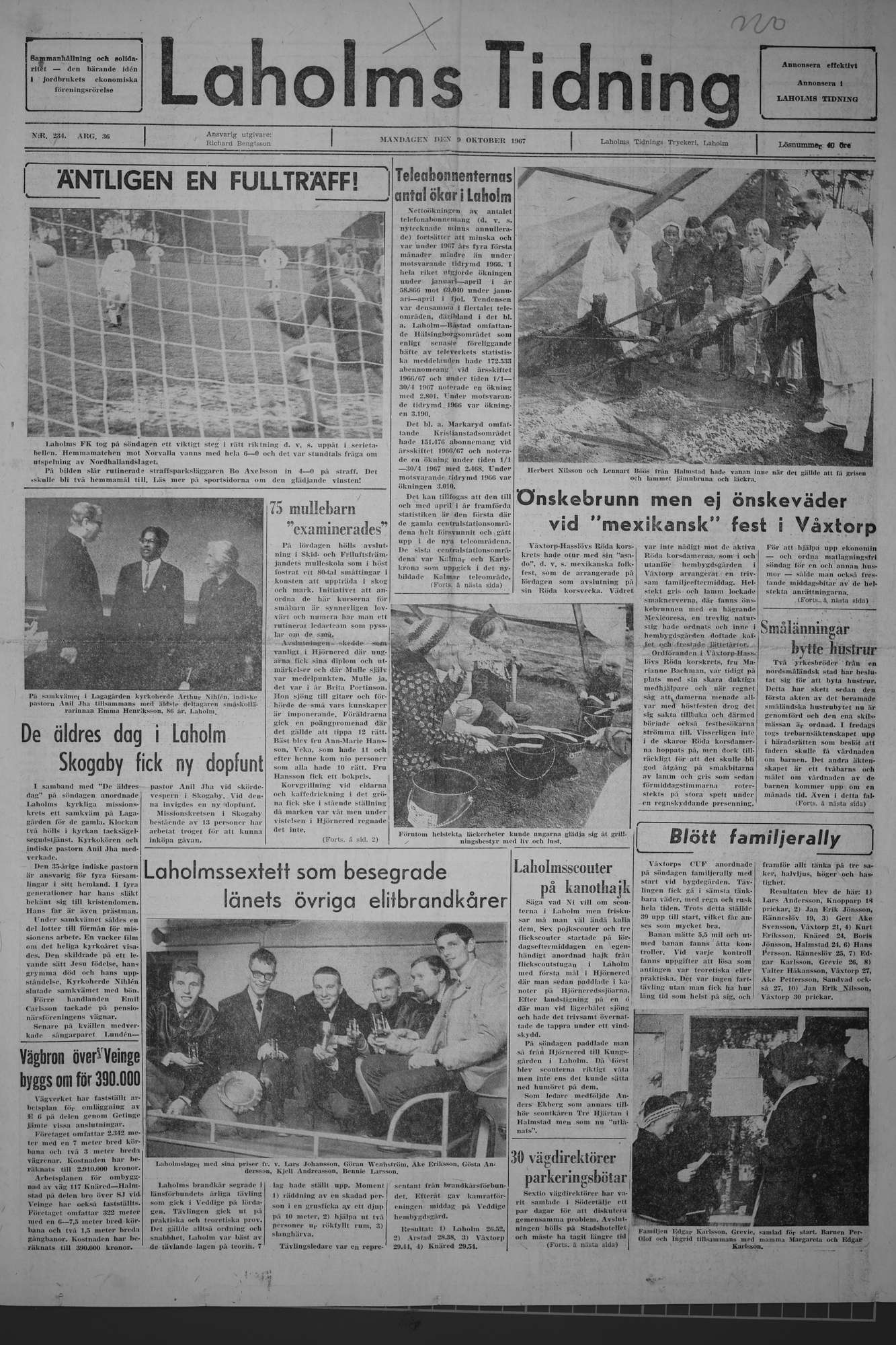 Laholms Tidning Måndag 9 oktober 1967, sida 1