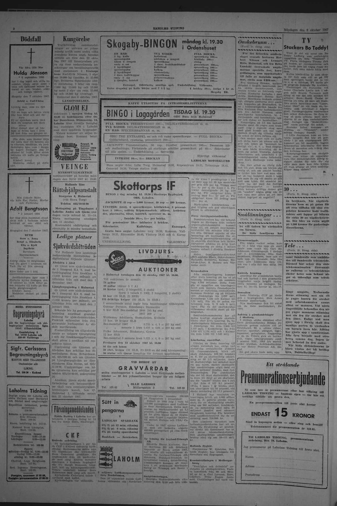 Laholms Tidning Måndag 9 oktober 1967, sida 2