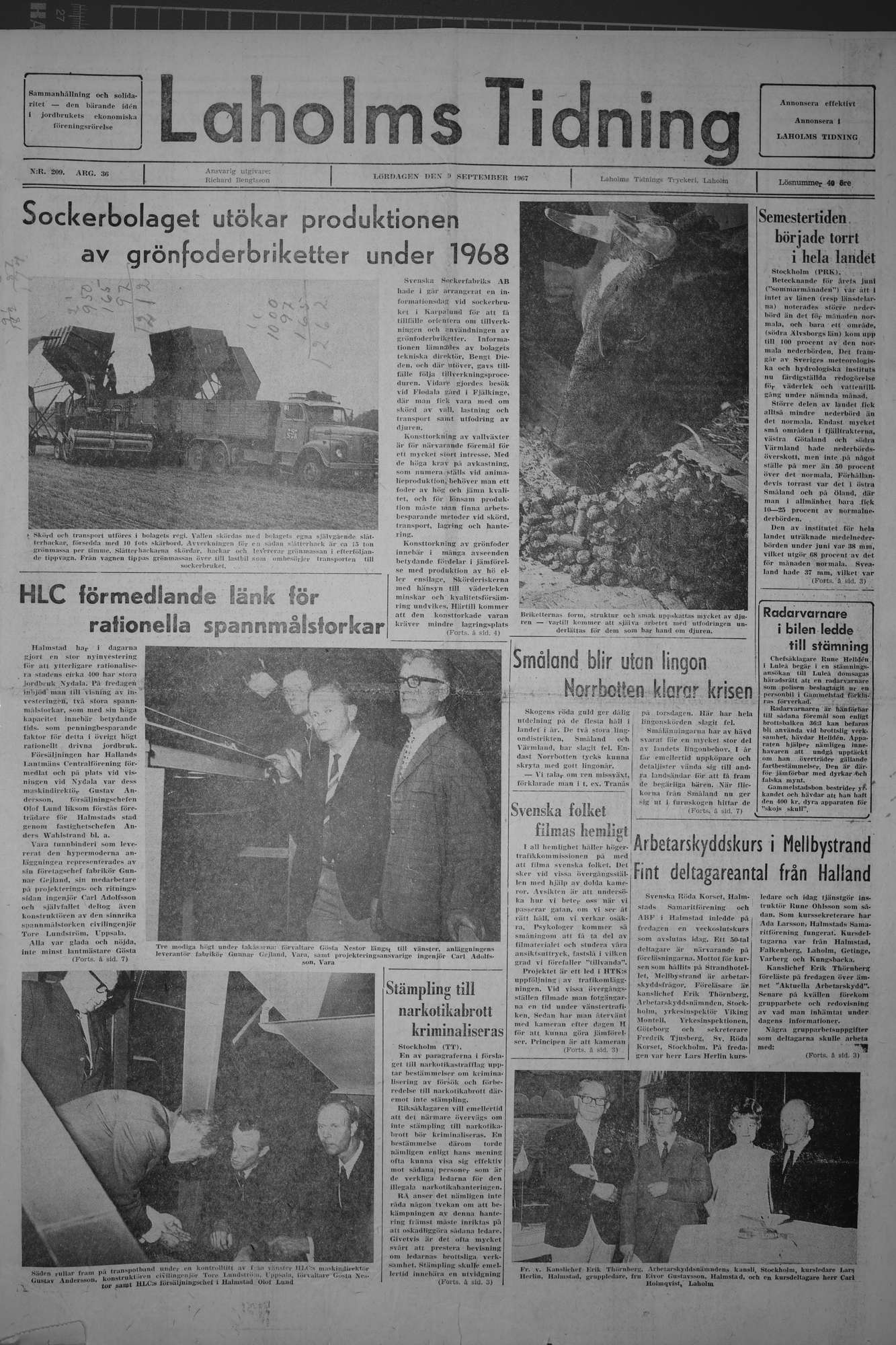 Laholms Tidning Lördag 9 september 1967, sida 1