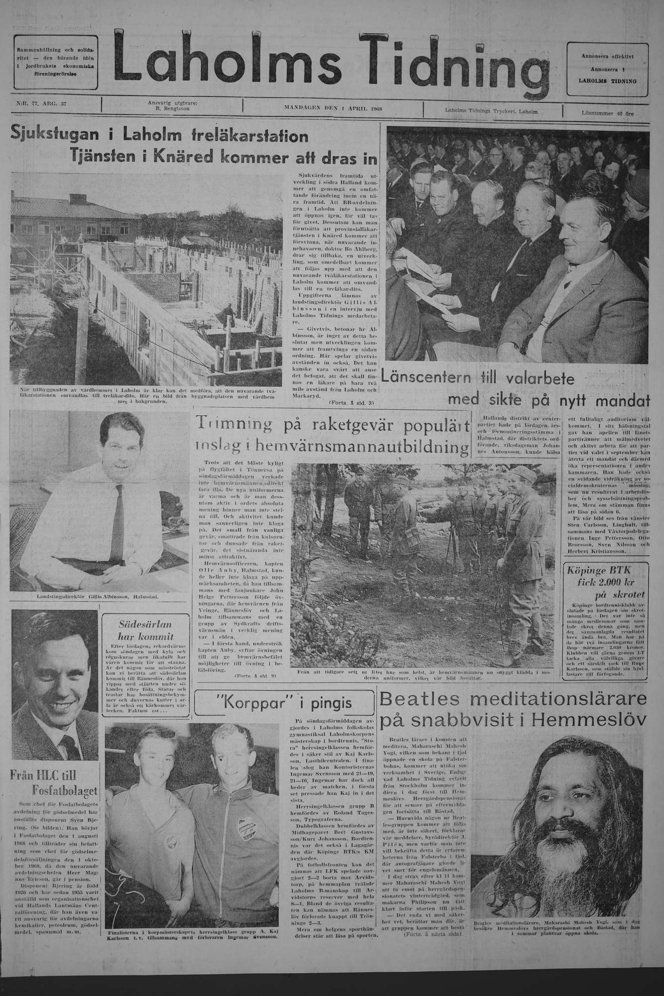 Laholms Tidning Måndag 1 april 1968, sida 1