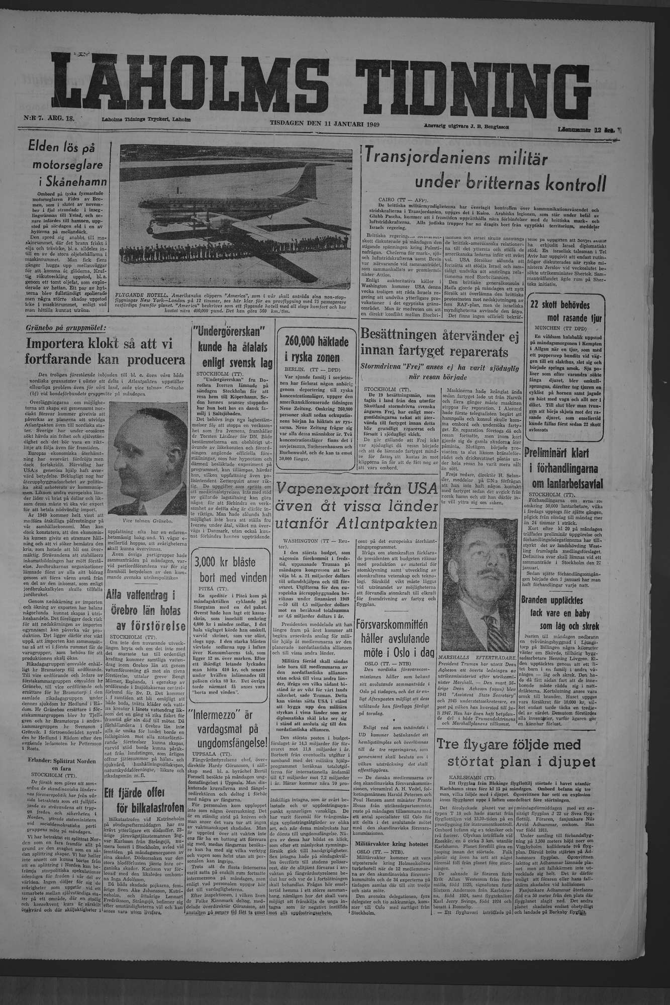 Laholms Tidning Tisdag 11 januari 1949, sida 1