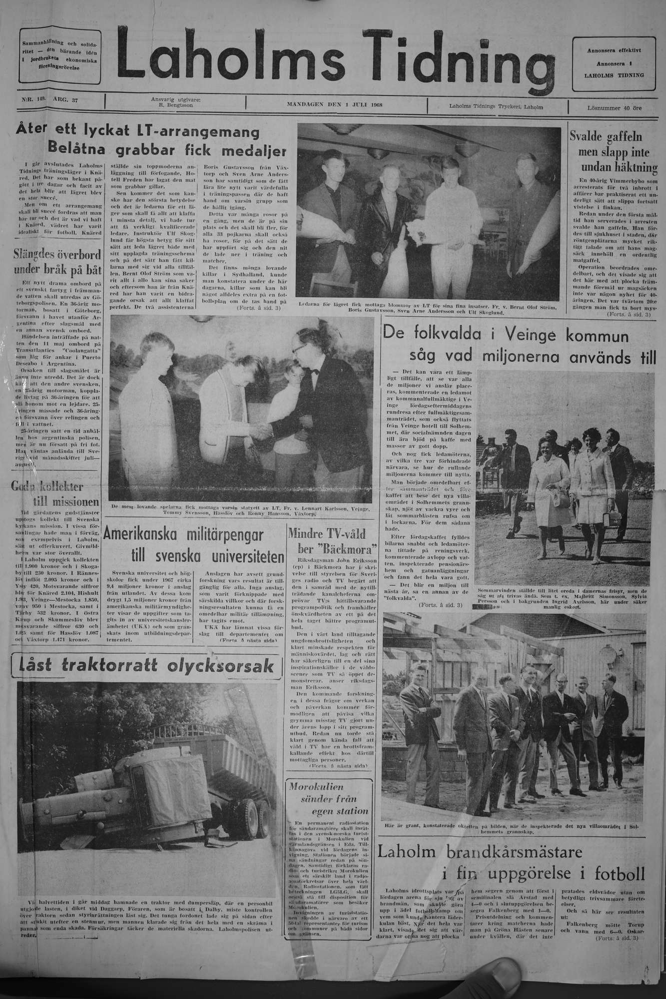 Laholms Tidning Måndag 1 juli 1968, sida 1