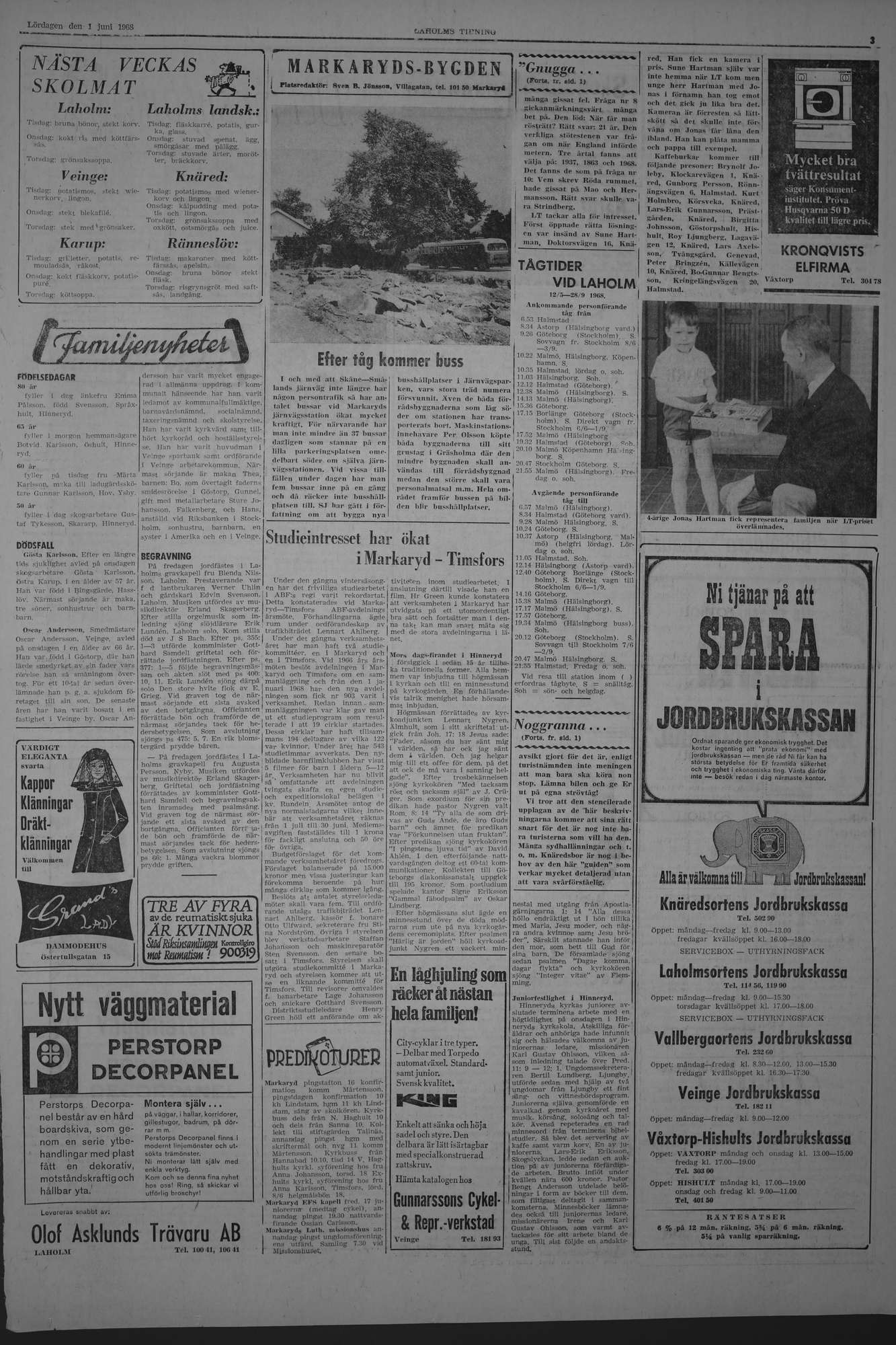 Laholms Tidning Lördag 1 juni 1968, sida 3