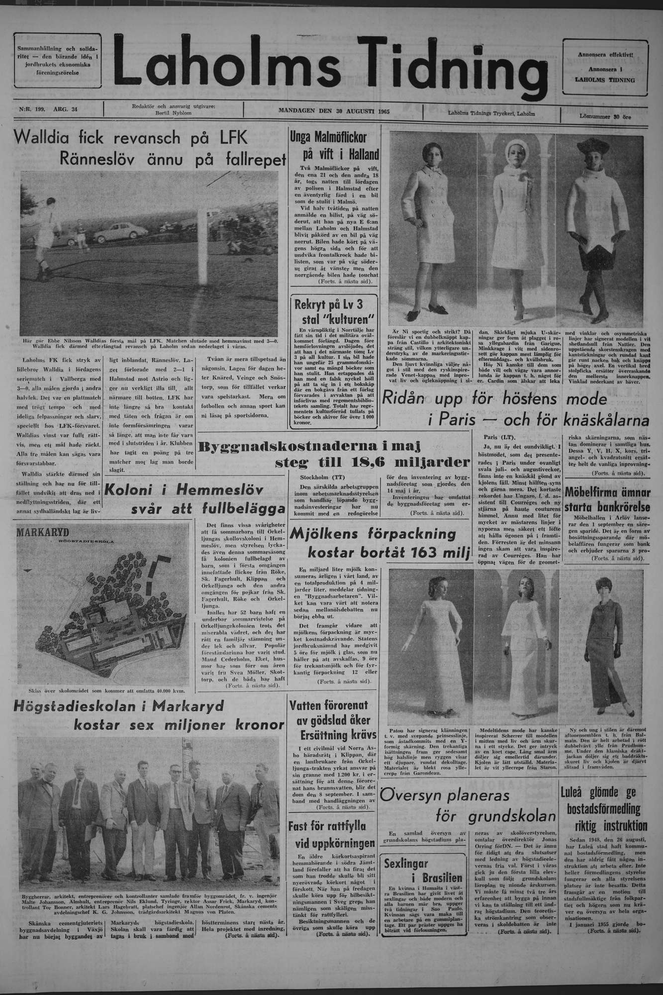 Laholms Tidning Måndag 30 augusti 1965, sida 1