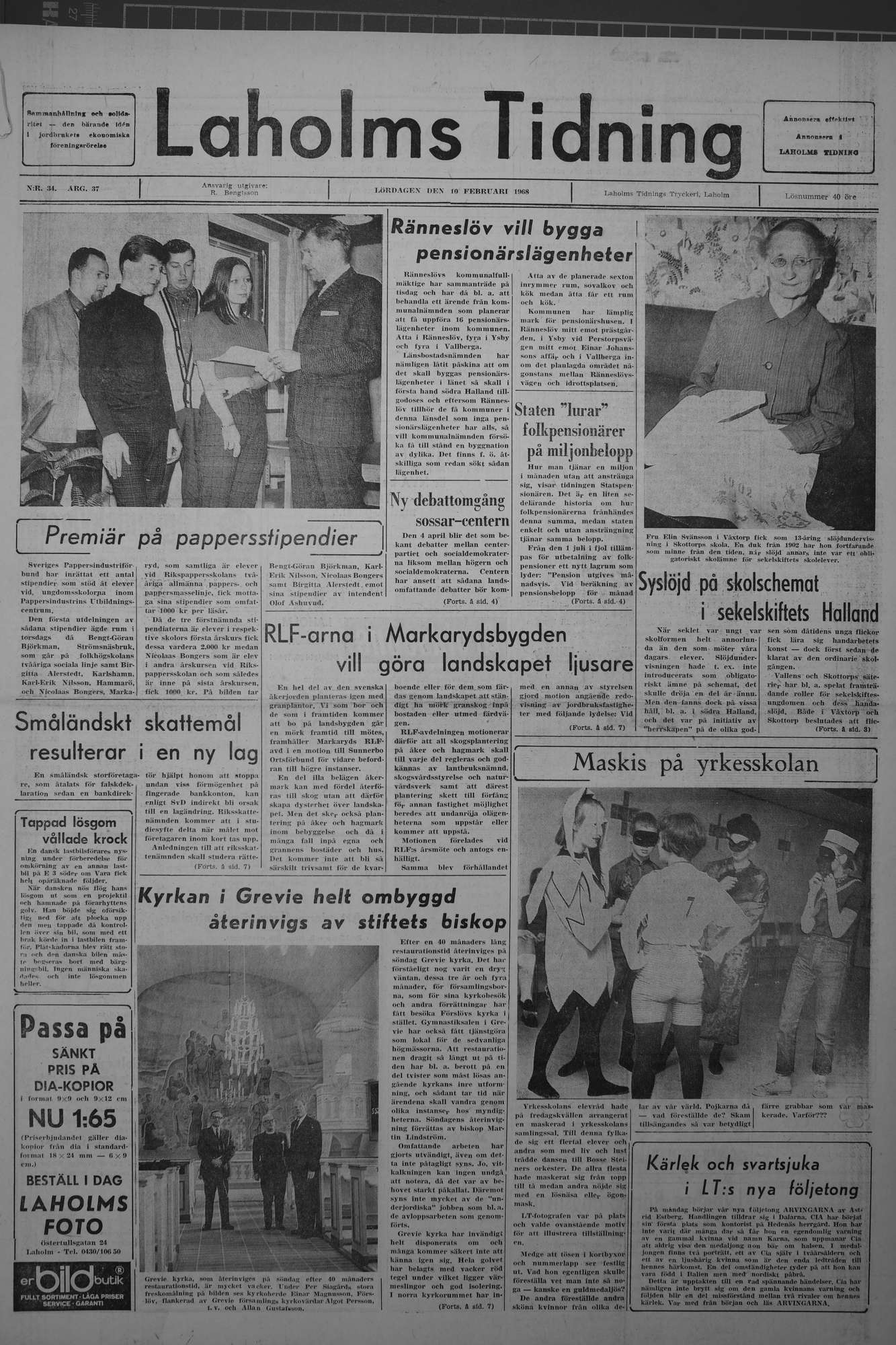 Laholms Tidning Lördag 10 februari 1968, sida 1