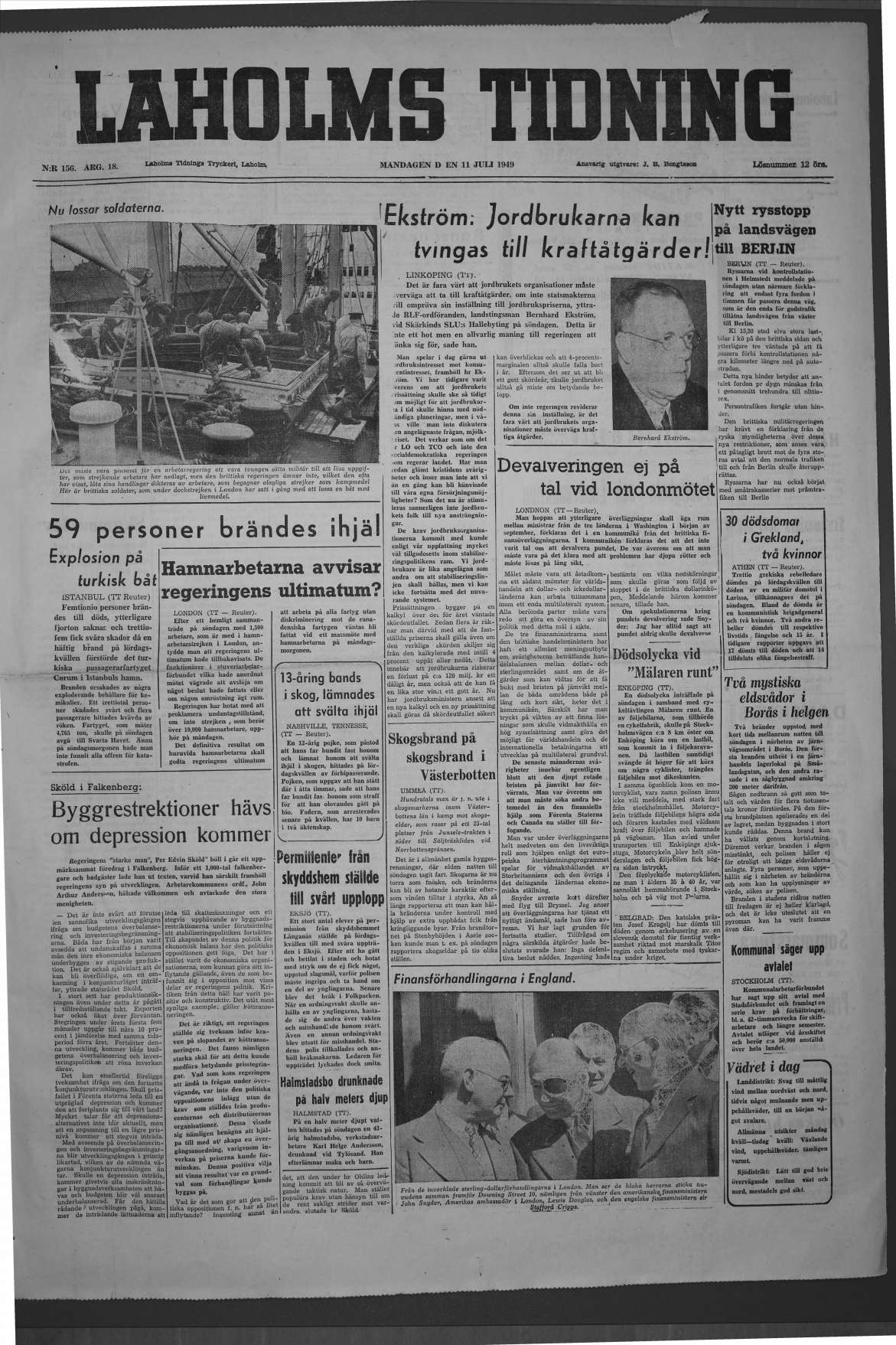 Laholms Tidning Måndag 11 juli 1949, sida 1