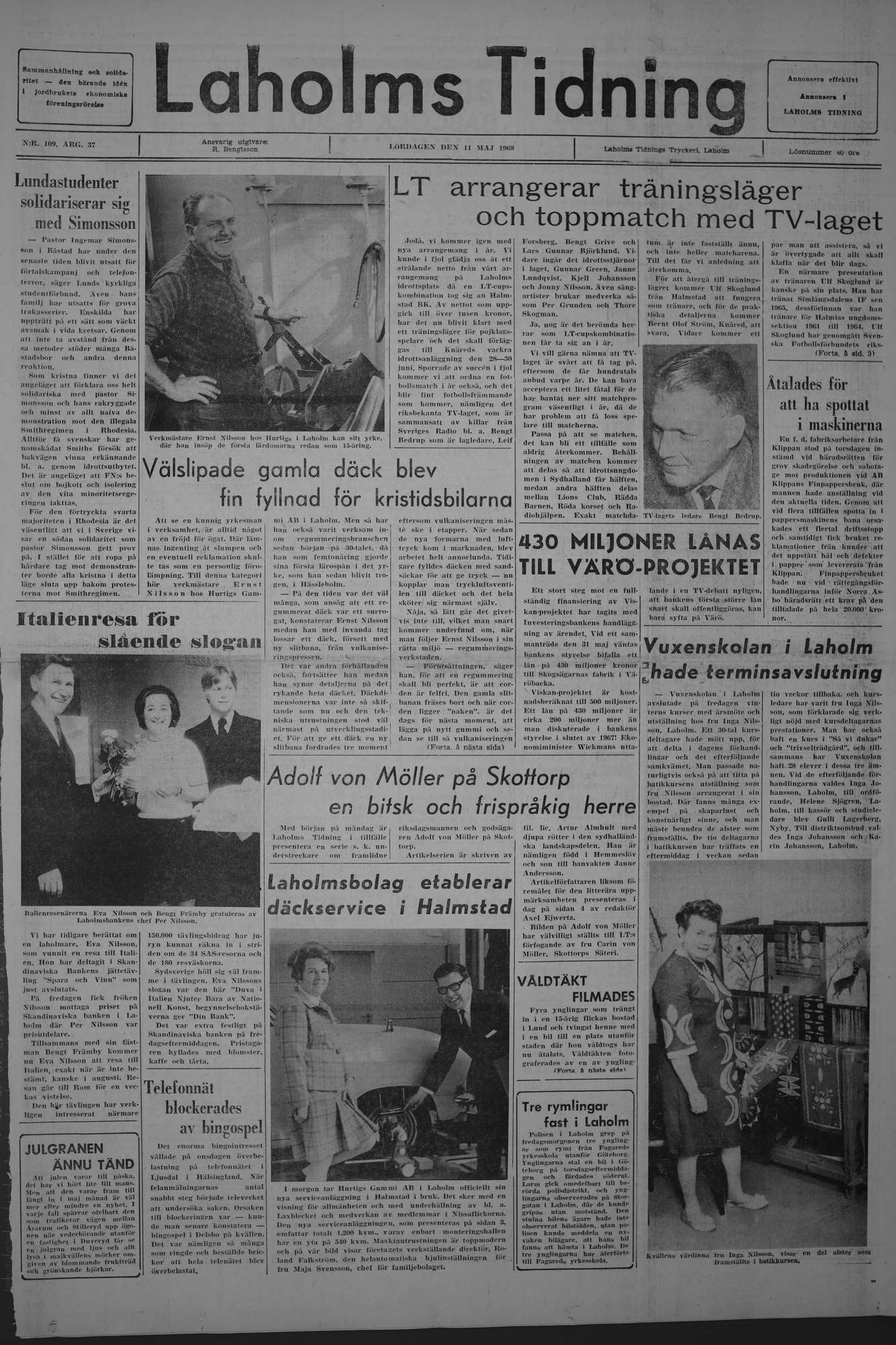 Laholms Tidning Lördag 11 maj 1968, sida 1