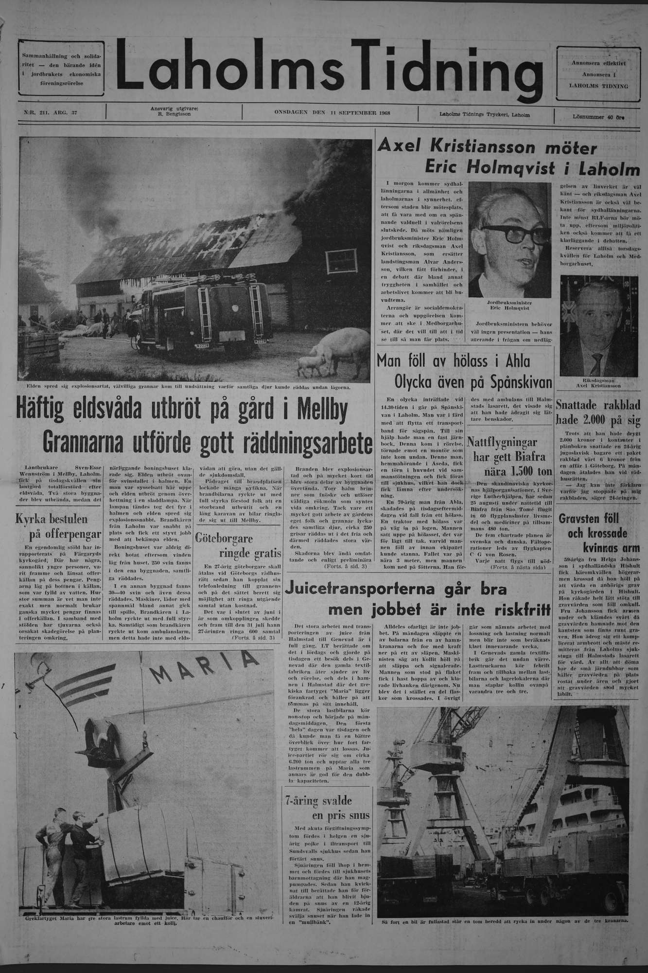 Laholms Tidning Onsdag 11 september 1968, sida 1