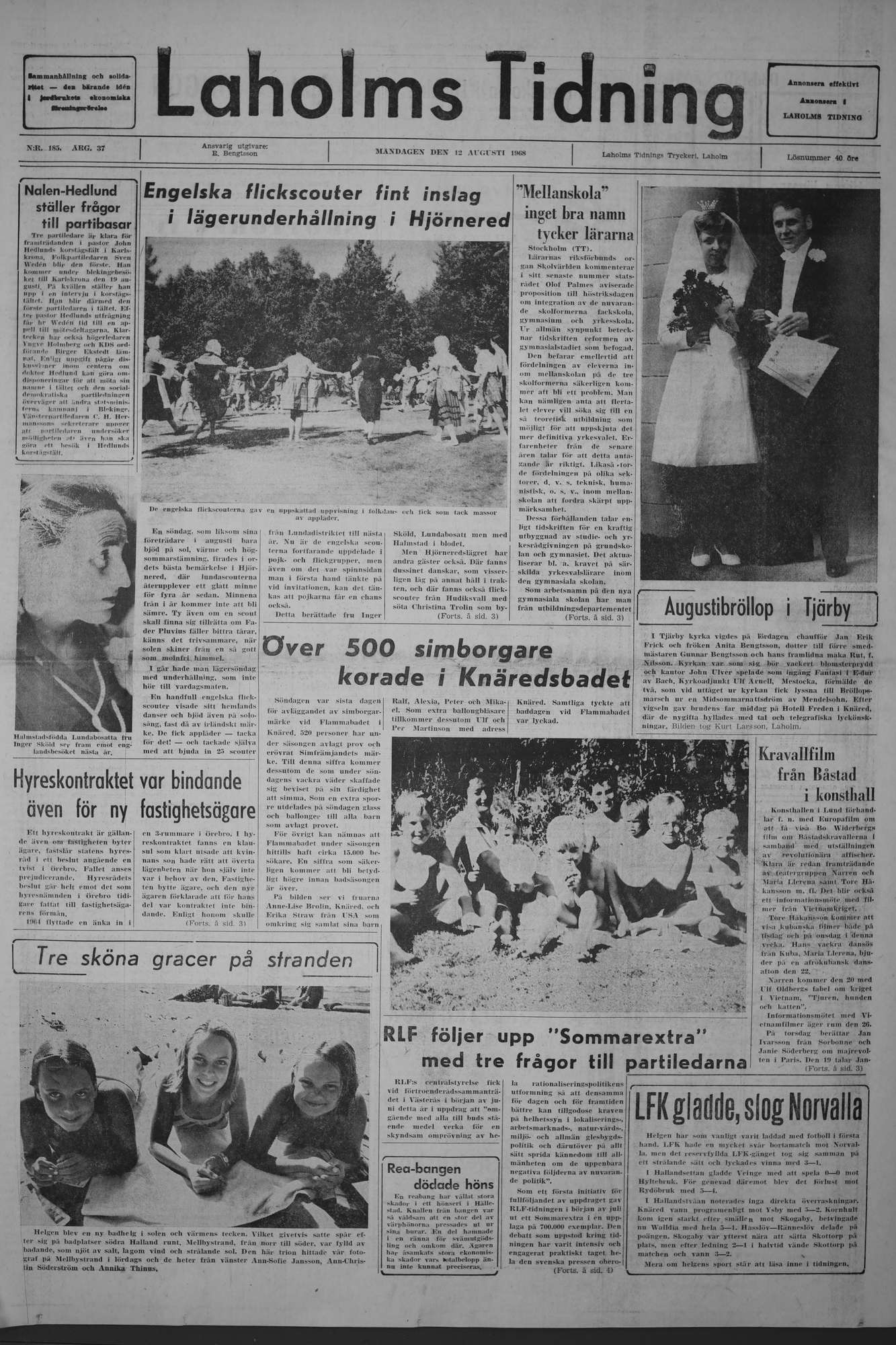 Laholms Tidning Måndag 12 augusti 1968, sida 1