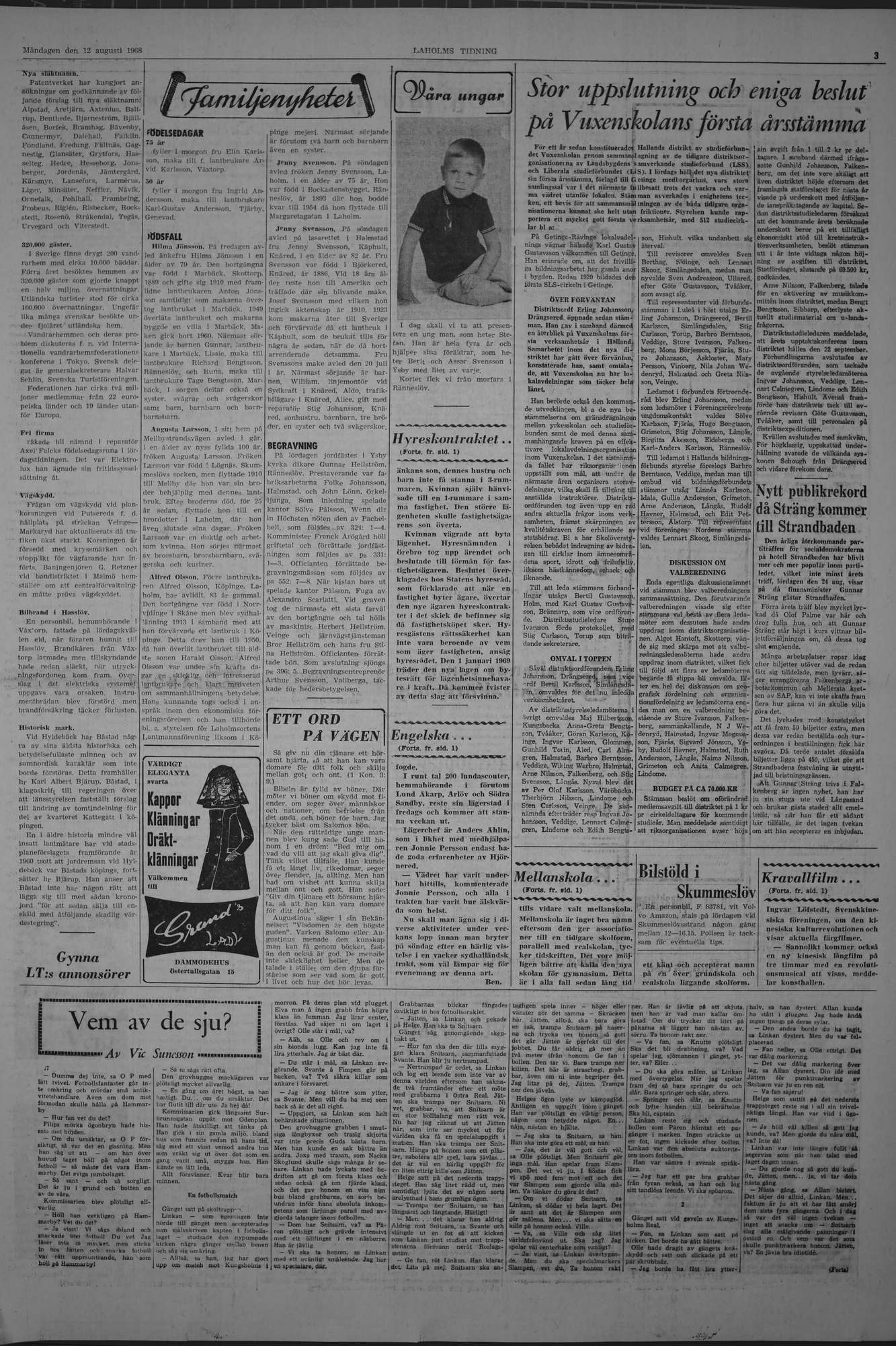Laholms Tidning Måndag 12 augusti 1968, sida 3