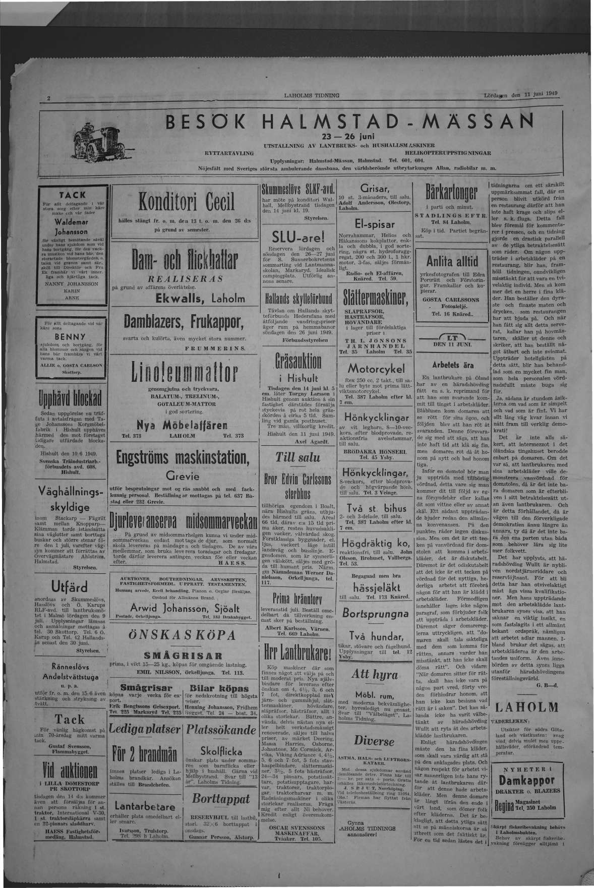 Laholms Tidning Lördag 11 juni 1949, sida 2