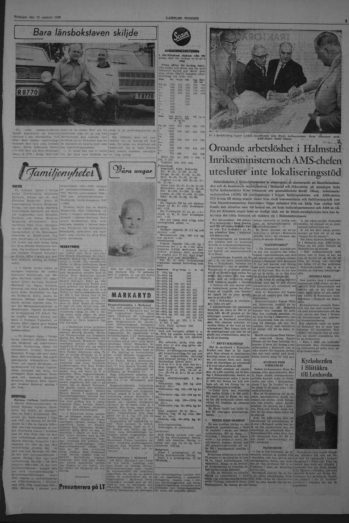 Laholms Tidning Tisdag 13 augusti 1968, sida 3