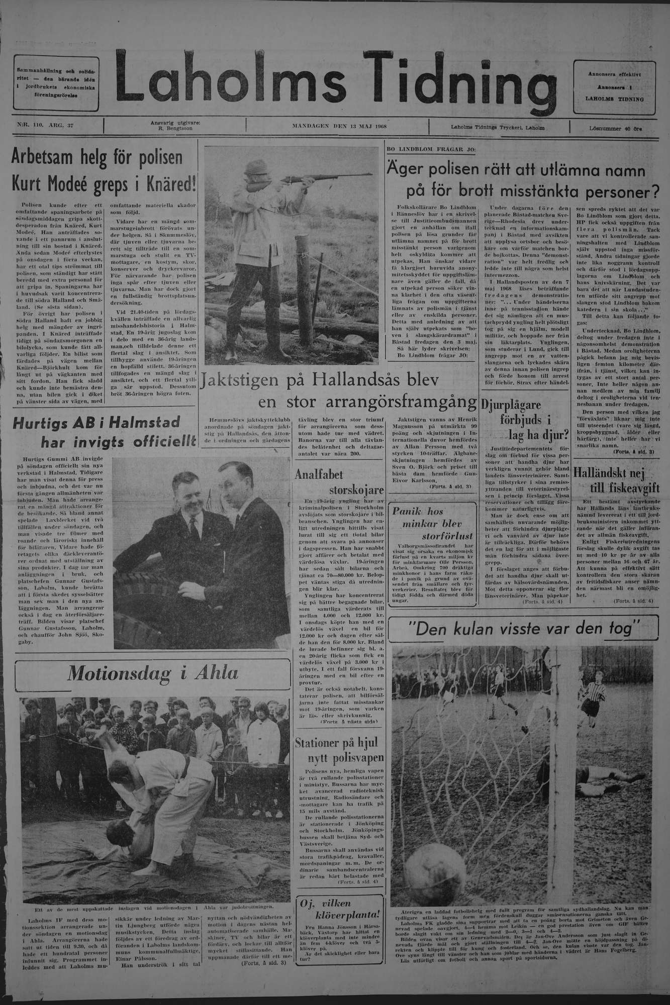 Laholms Tidning Måndag 13 maj 1968, sida 1