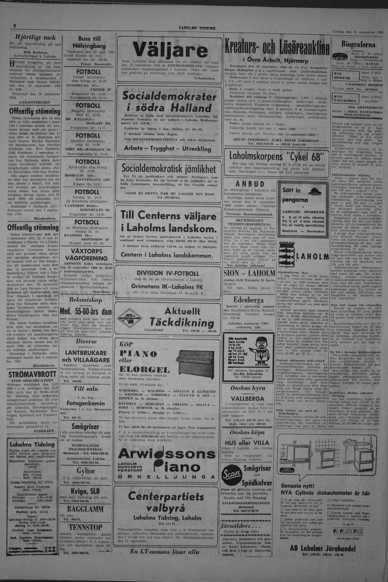 Laholms Tidning Lördag 14 september 1968, sida 2