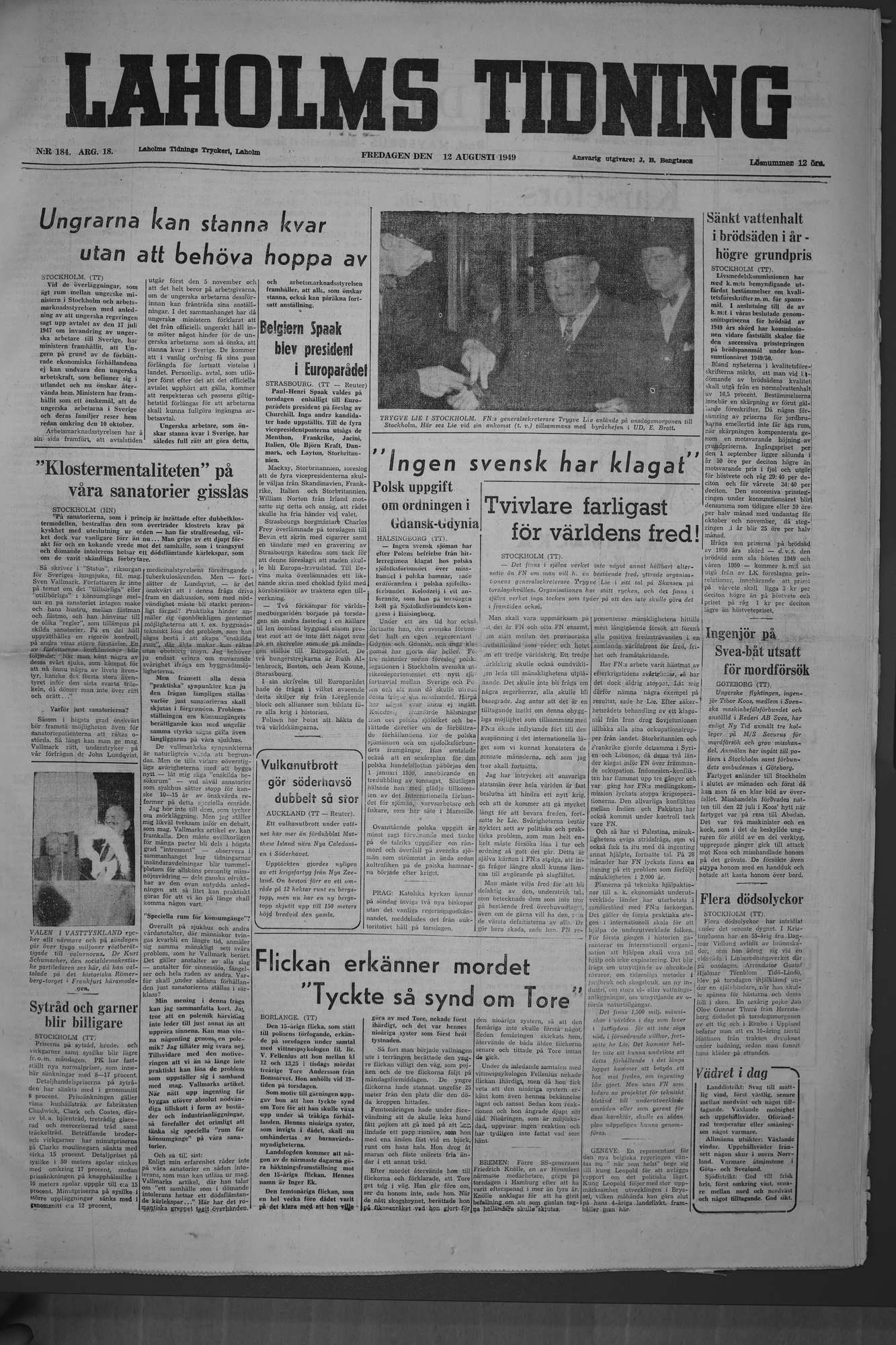 Laholms Tidning Fredag 12 augusti 1949, sida 1