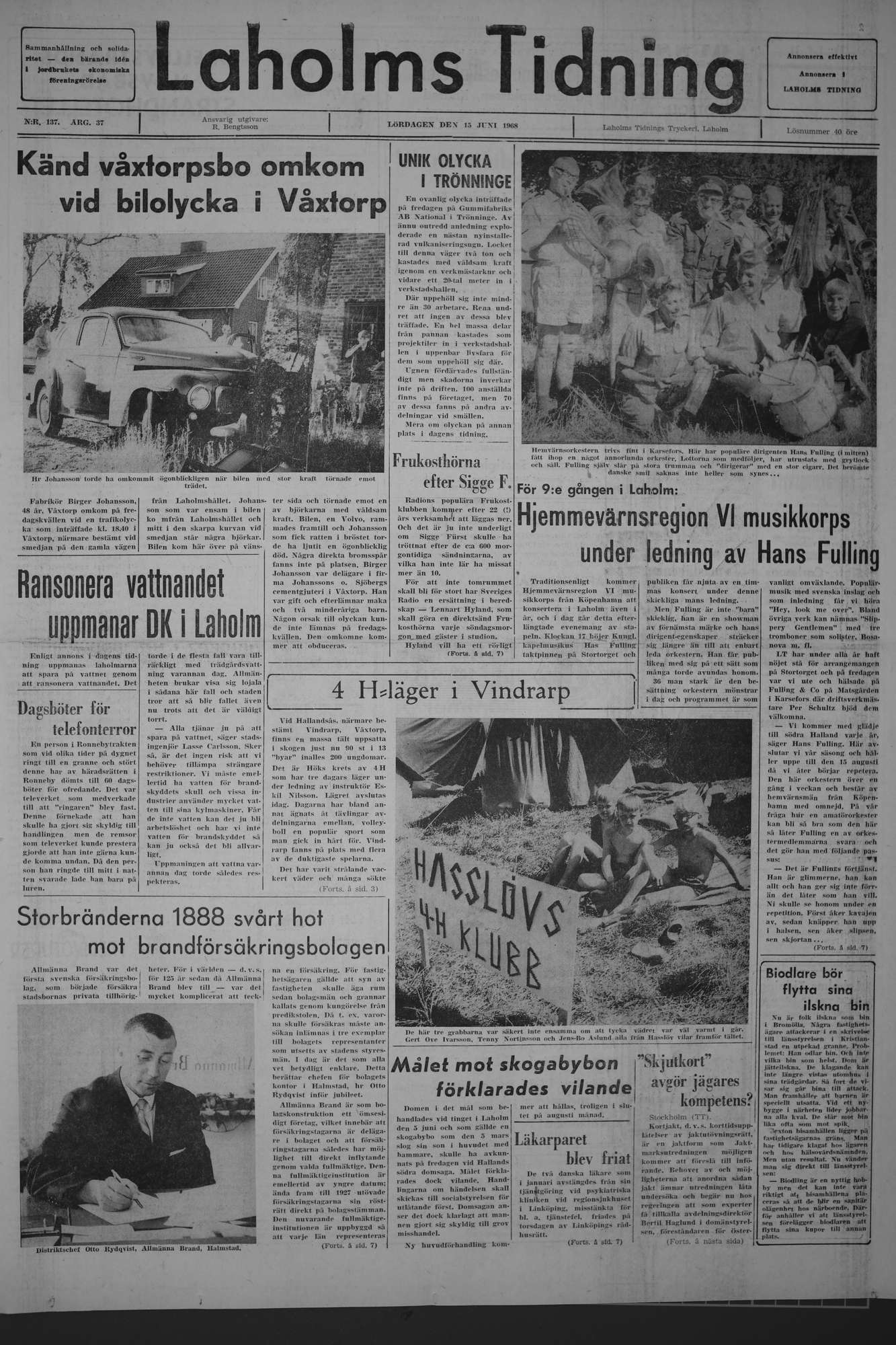 Laholms Tidning Lördag 15 juni 1968, sida 1