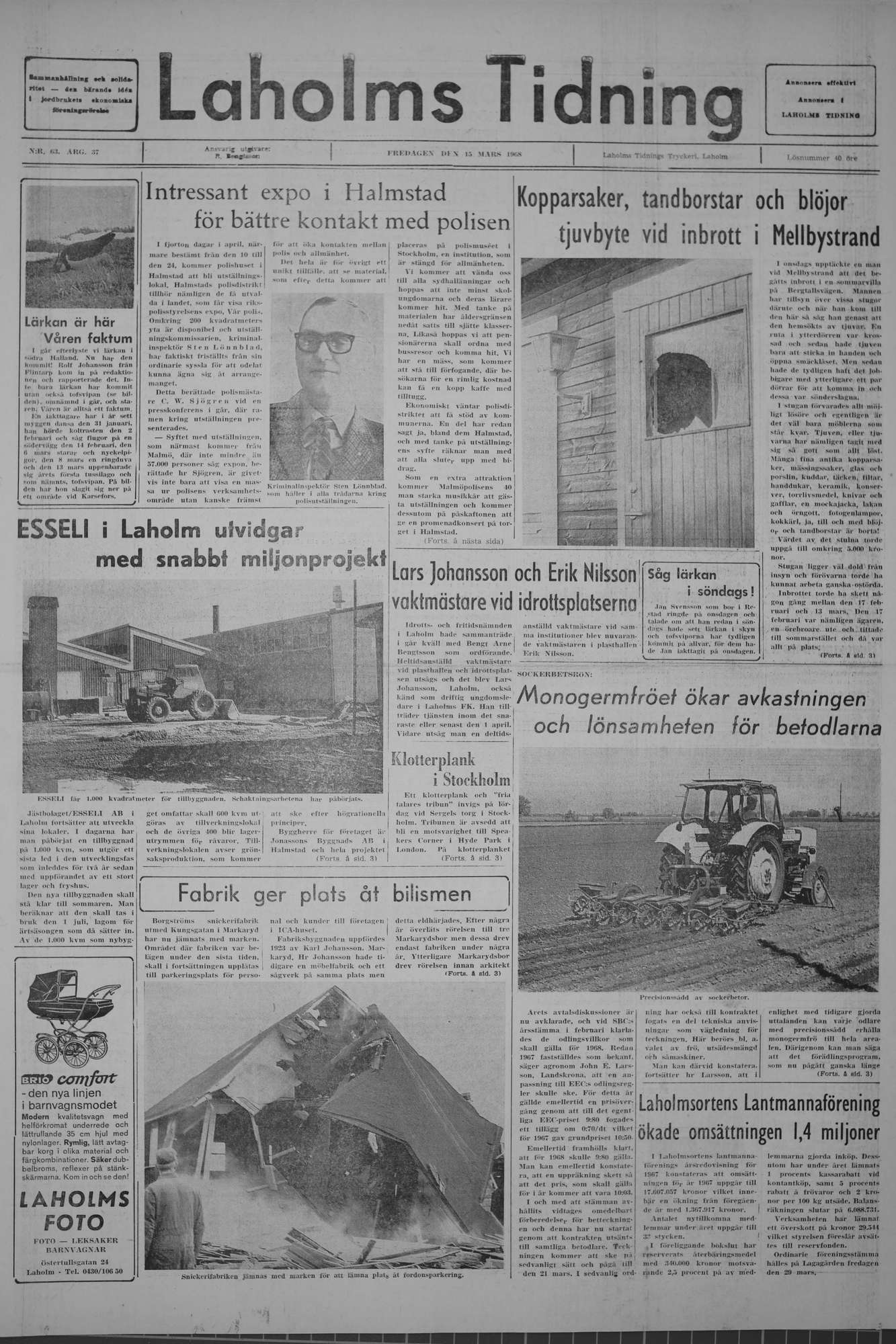 Laholms Tidning Fredag 15 mars 1968, sida 1