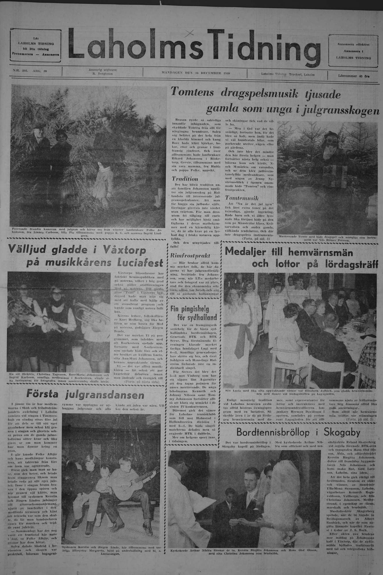Laholms Tidning Måndag 16 december 1968, sida 1