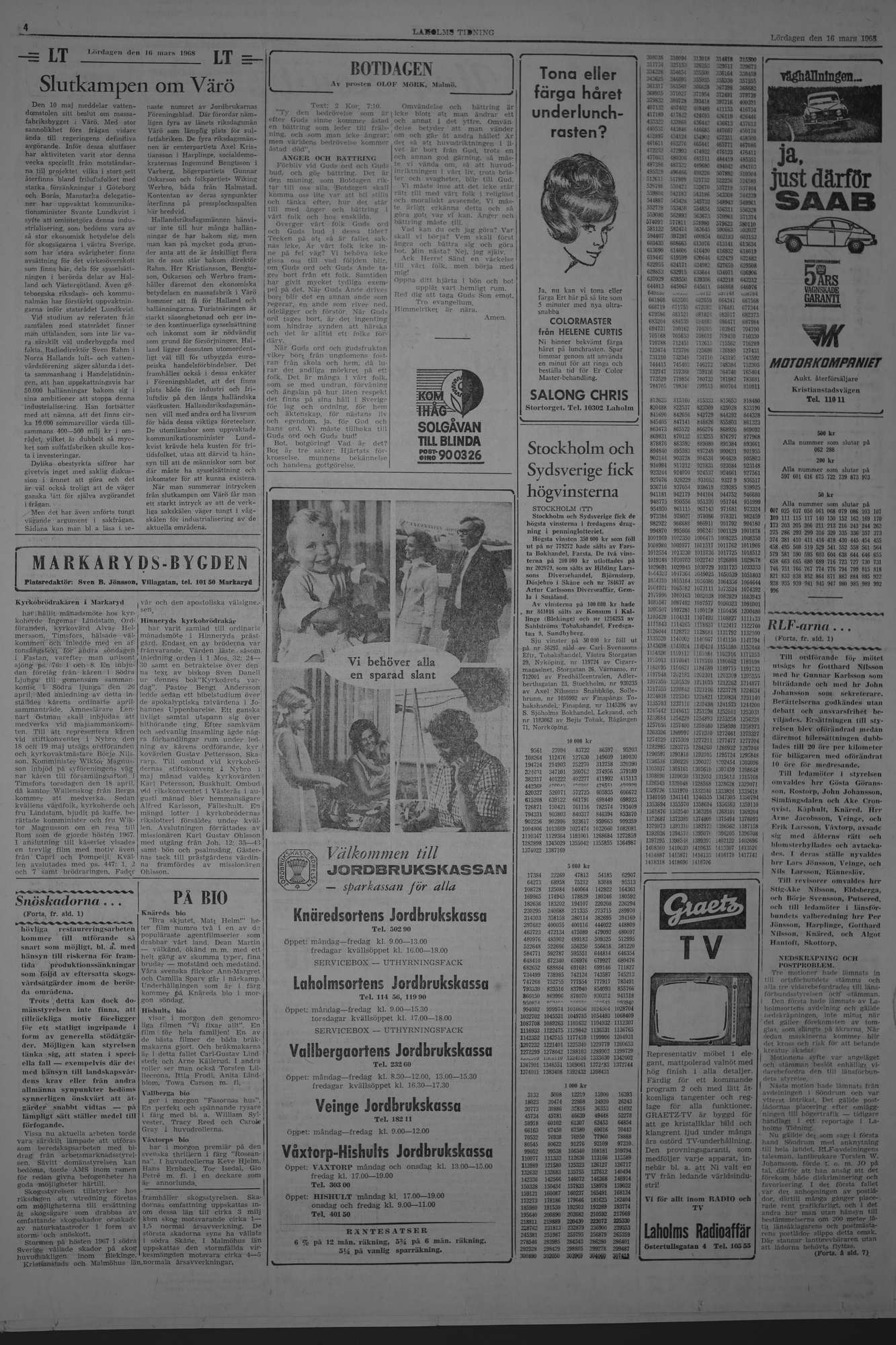 Laholms Tidning Lördag 16 mars 1968, sida 4