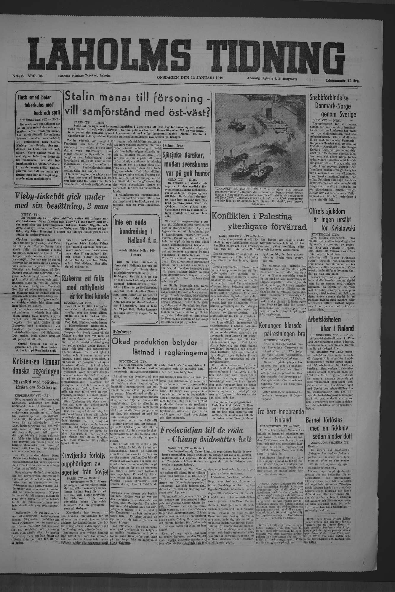 Laholms Tidning Onsdag 12 januari 1949, sida 1