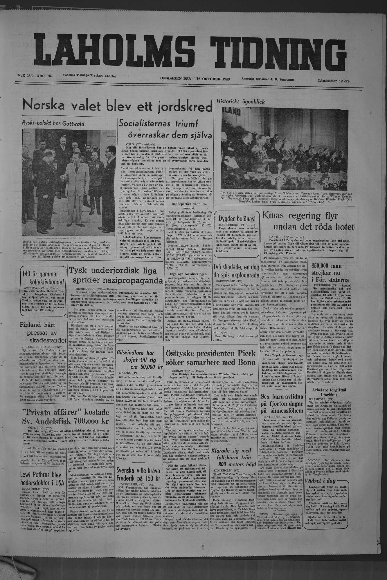 Laholms Tidning Onsdag 12 oktober 1949, sida 1