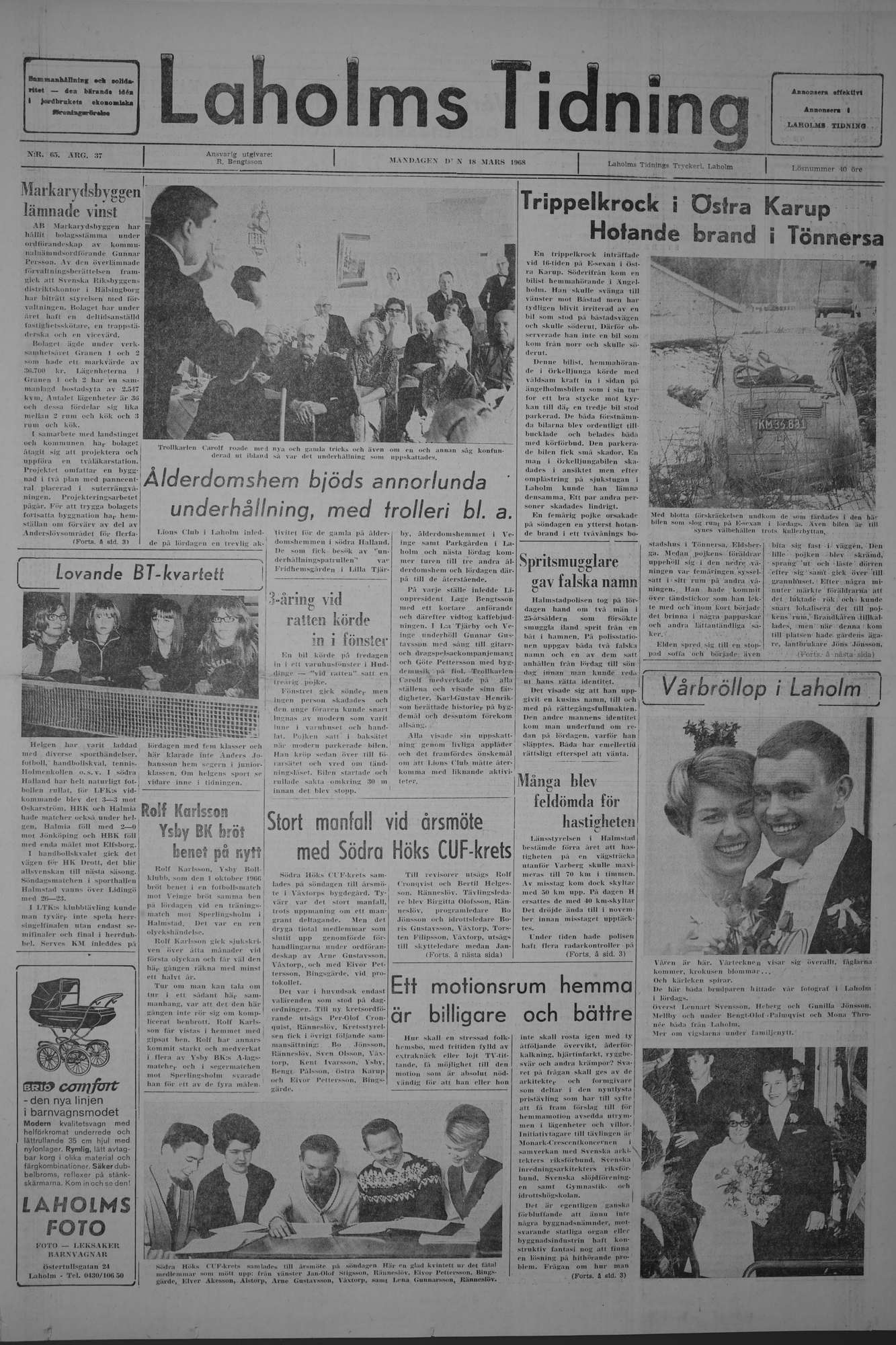 Laholms Tidning Måndag 18 mars 1968, sida 1